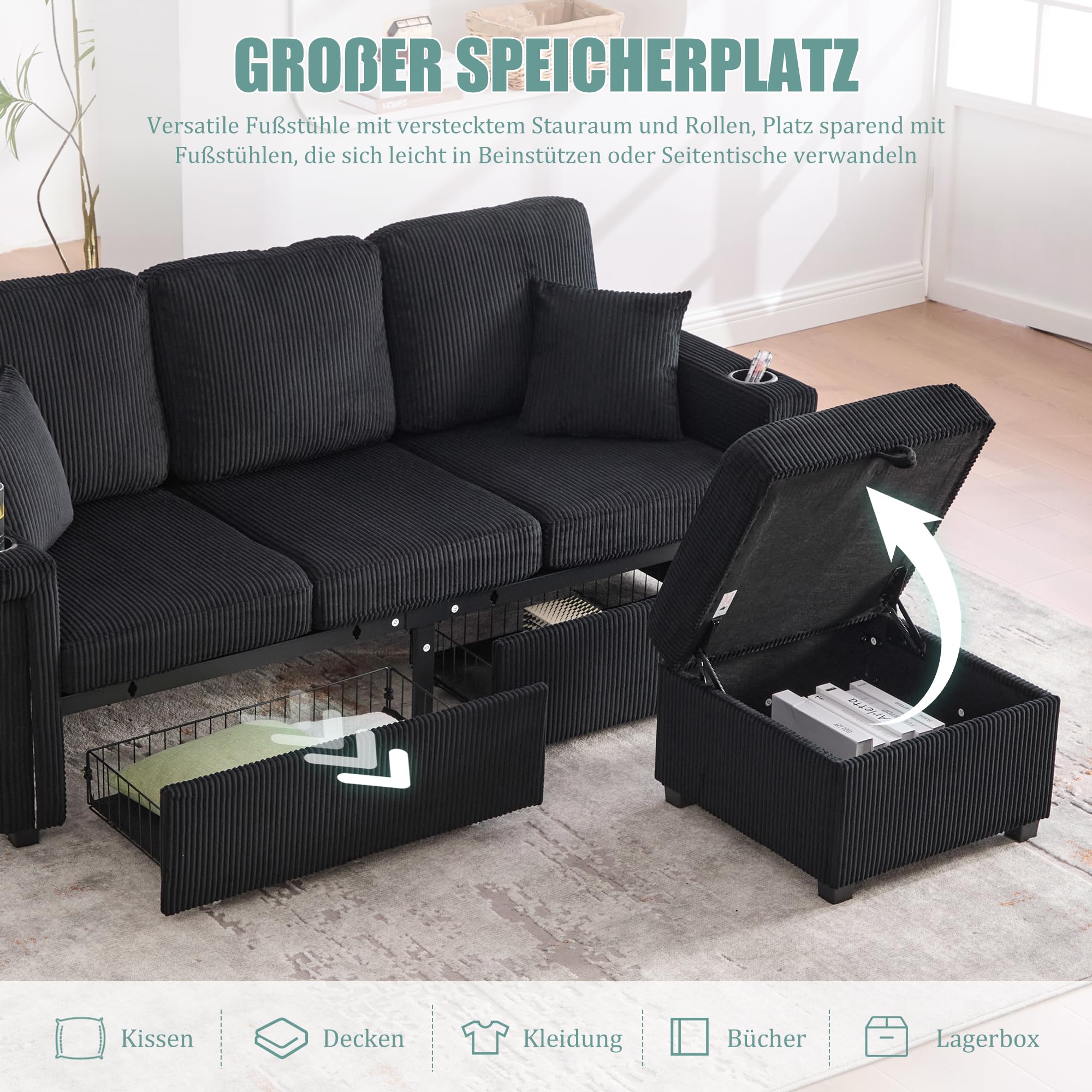 Modulares Ecksofa aus Cordstoff, Sofa mit Schlaffunktion, Couch mit LED-Beleuchtung & USB-C-Port, inklusive Stauraum-Fußteil, praktischen Getränkehaltern und Seitentaschen, Schwarz