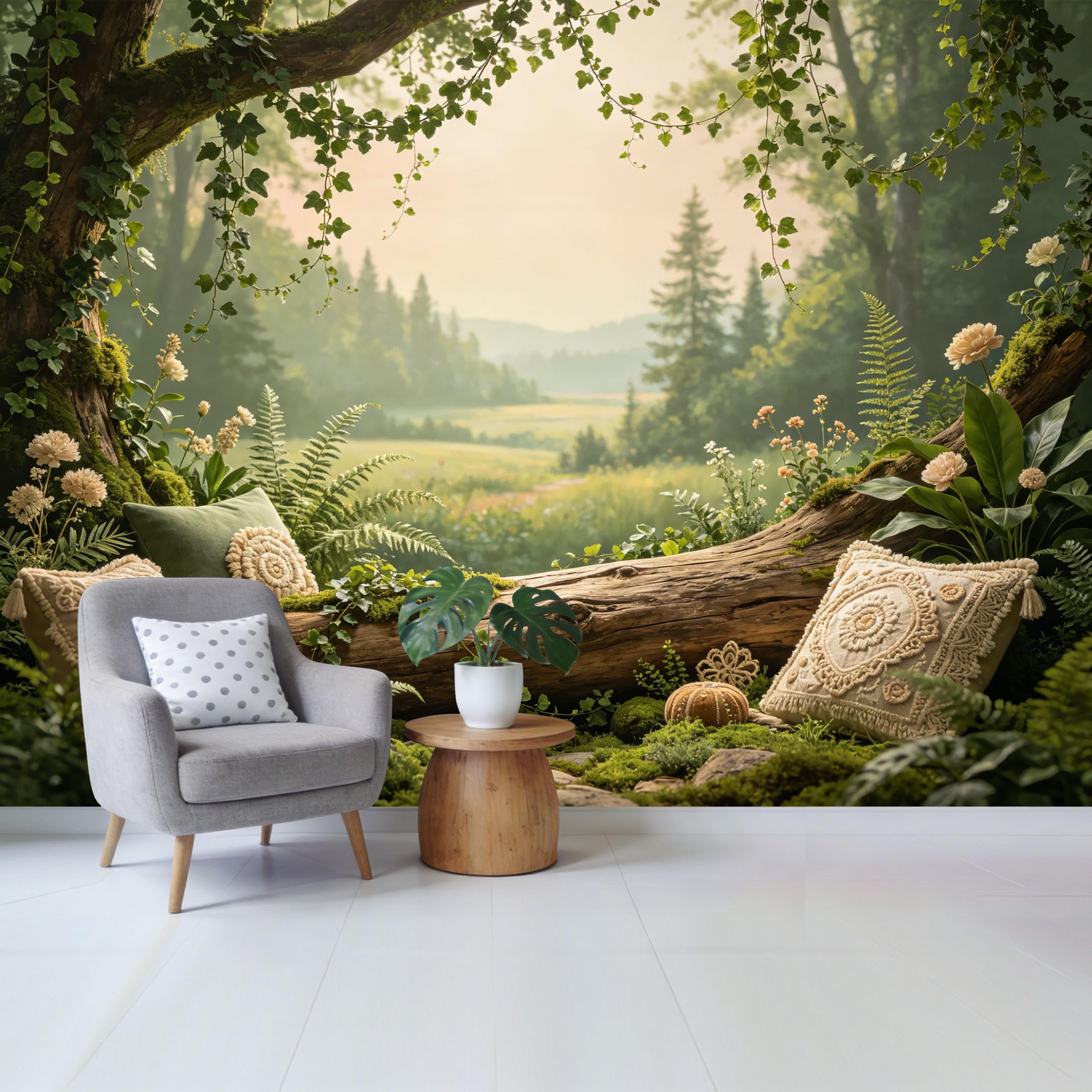 Qzlithotic Yq2605250321 Custom Size Wall Mural Enchanted Forest Landscape Tree Trunk Ferns Botanical Foliage Selfadhesive Wall Fabric Removable Wallpaper For Home Office Decor