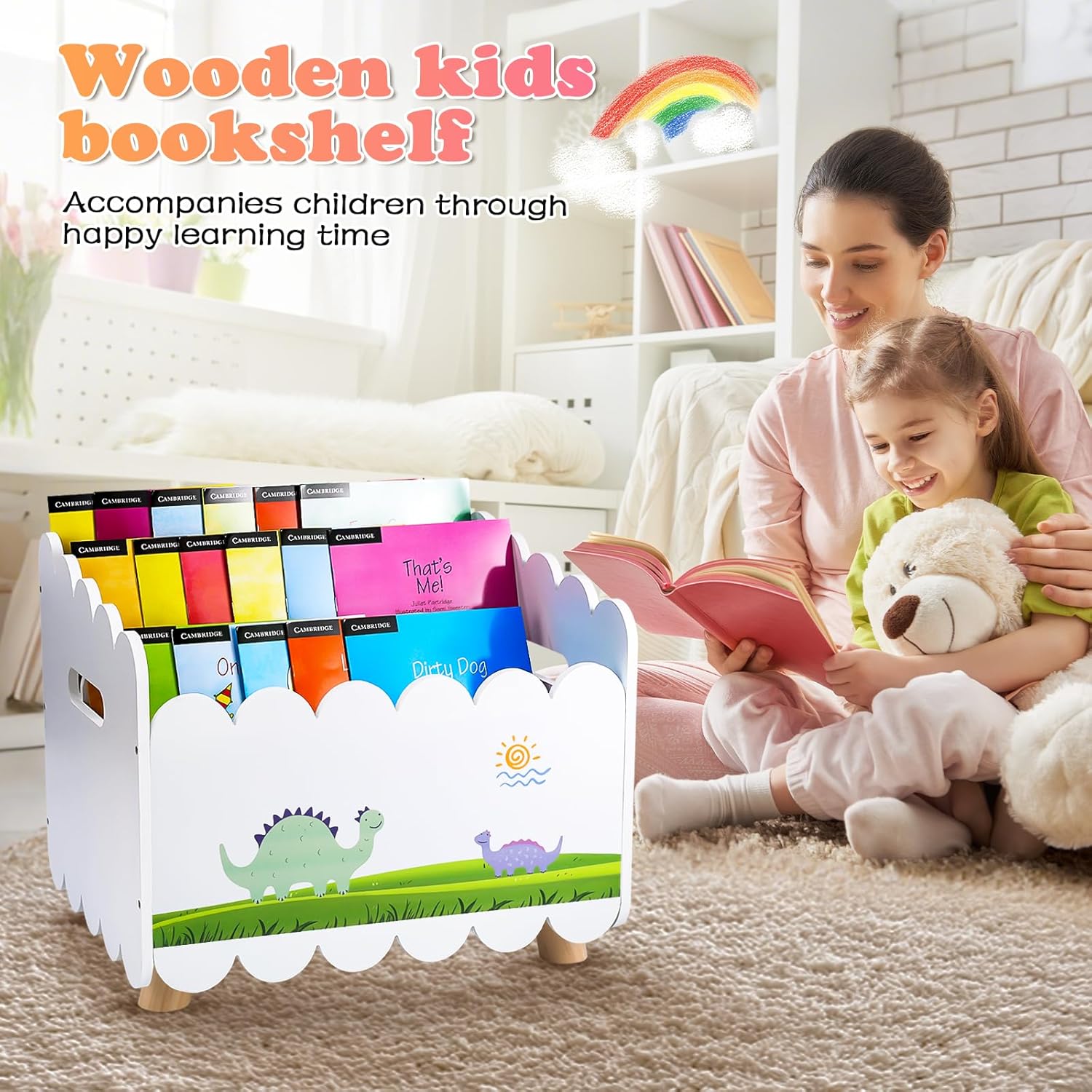 QwayHome Wood Kids Bookshelf with 2 Adjustable Dividers - Montessori Bookshelf for Nursey Room or Playroom - Toy Storage Oragnzier with Handle - Toddler Book Shelf for Bedroom Livingroom Classroom