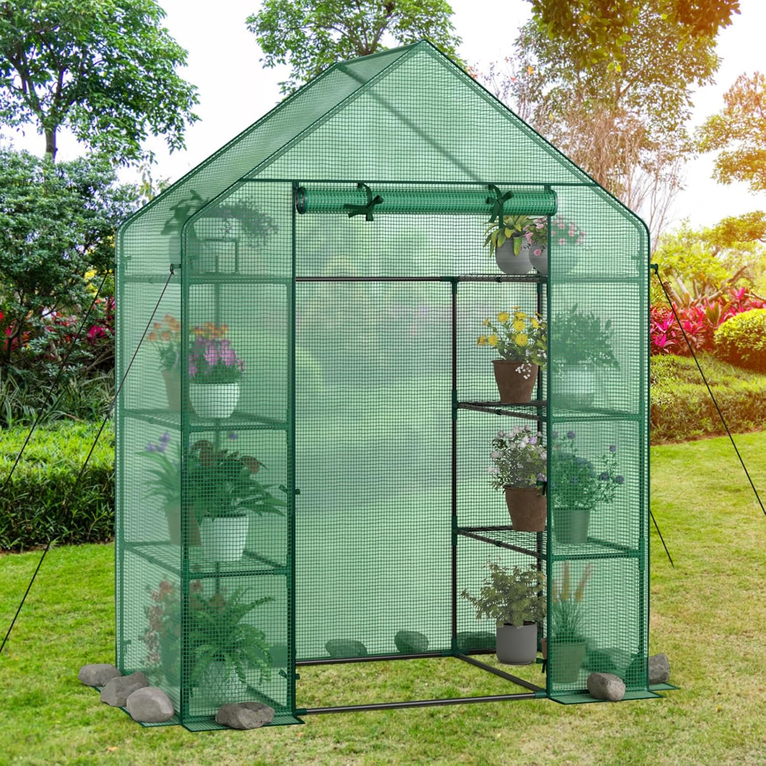 Giantex Walk-in Greenhouse, 4 Tier 8 Shelves, Portable Plant Garden House Indoor Outdoor Mini Growing House for Herb Flower Succulent, Zipped Door, Metal Frame, Patio Lawn Yard