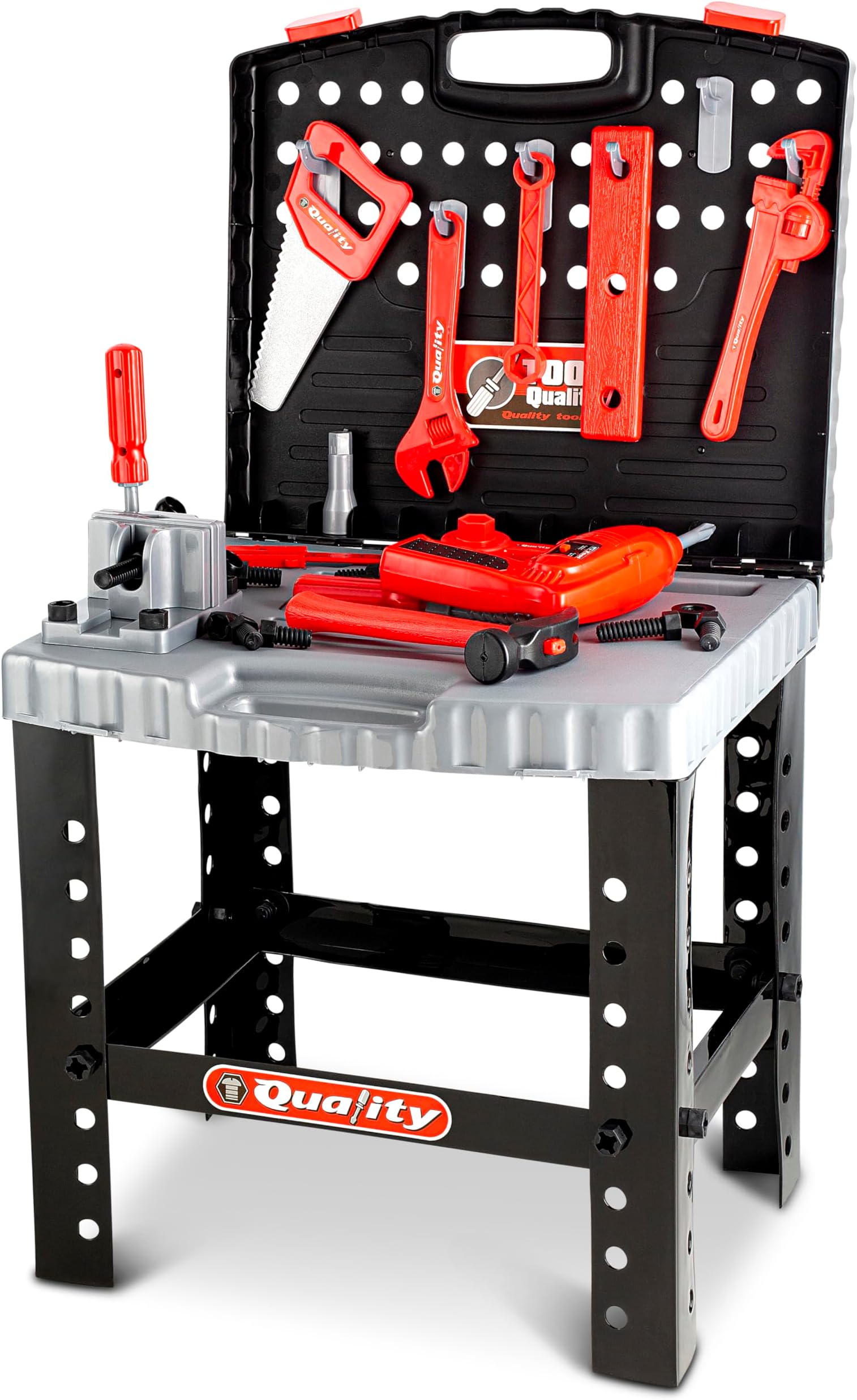 MegaToyBrand Workbench Kids Tool Set Workshop Toy w/ 12 Realistic Hanging Tools & Electric Drill For Educational Play - Best Tool Kit Bench For Toddlers, Kids, Boys & Girls Ages 3+