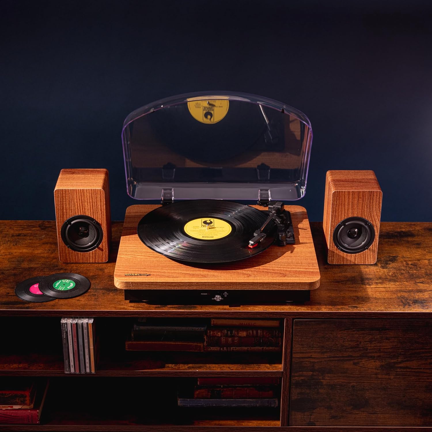 Roxel VRP-90 Turntable playing a vinyl record with the dust cover open