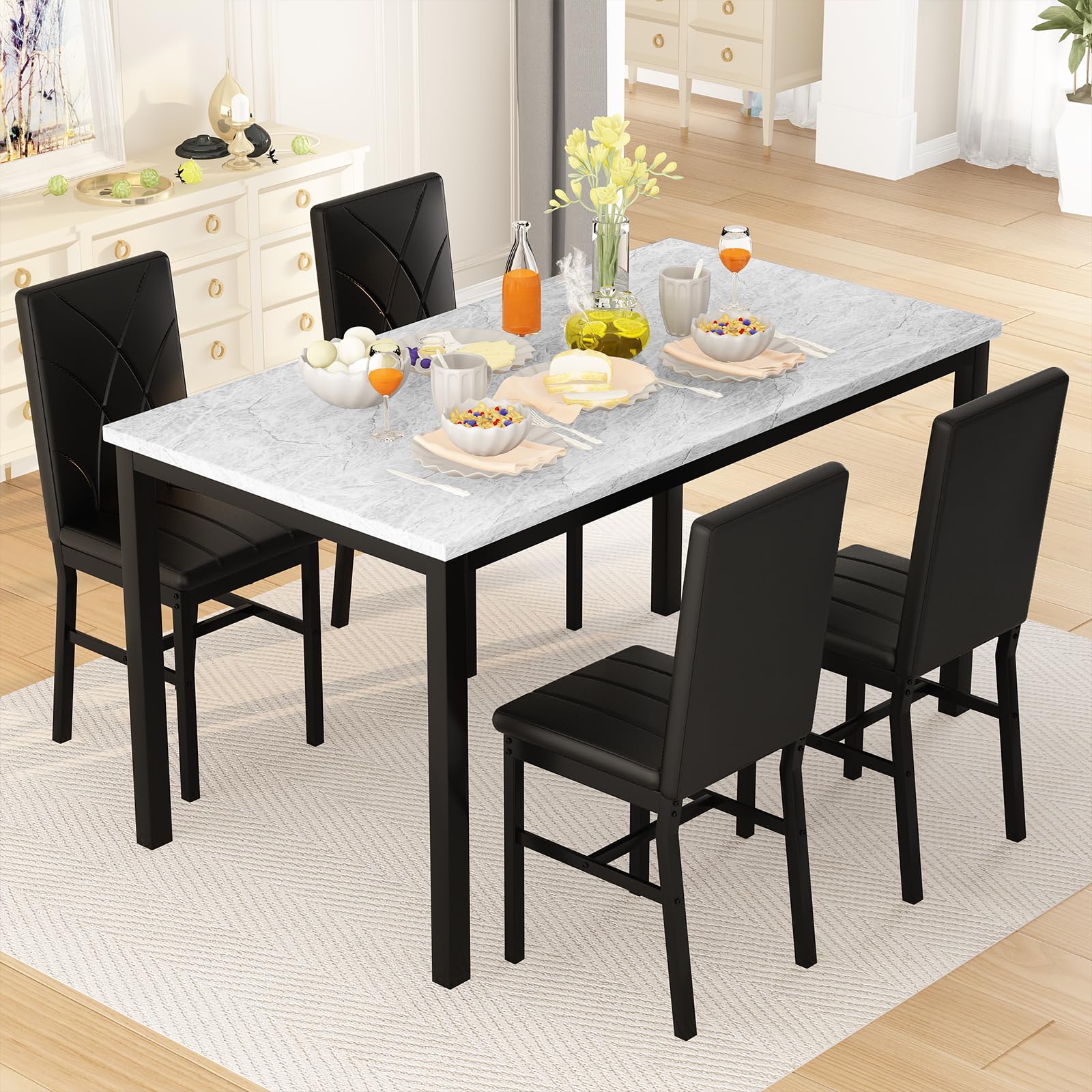 LinkRomat 5 Piece Dining Table Set for 4 Faux Marble Table and Chairs Set of 4 Kitchen & Dining Room Sets for Small Space (Grey & Black)