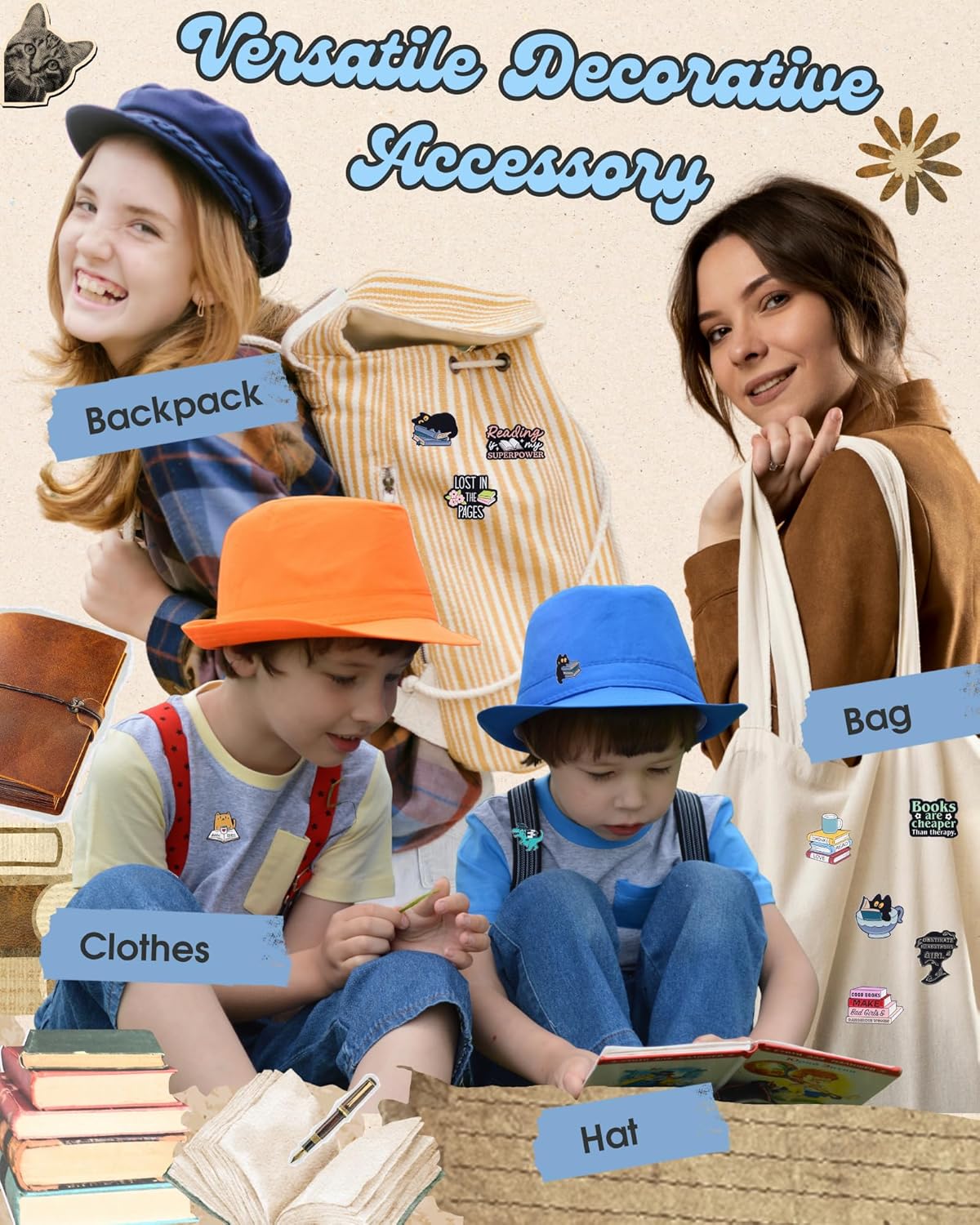 漫画本 エナメルピン ベージュベルベットバッグ付き マジックブックバッジ かわいい襟ブローチ 装飾ラペルピン バックパック 衣類 学