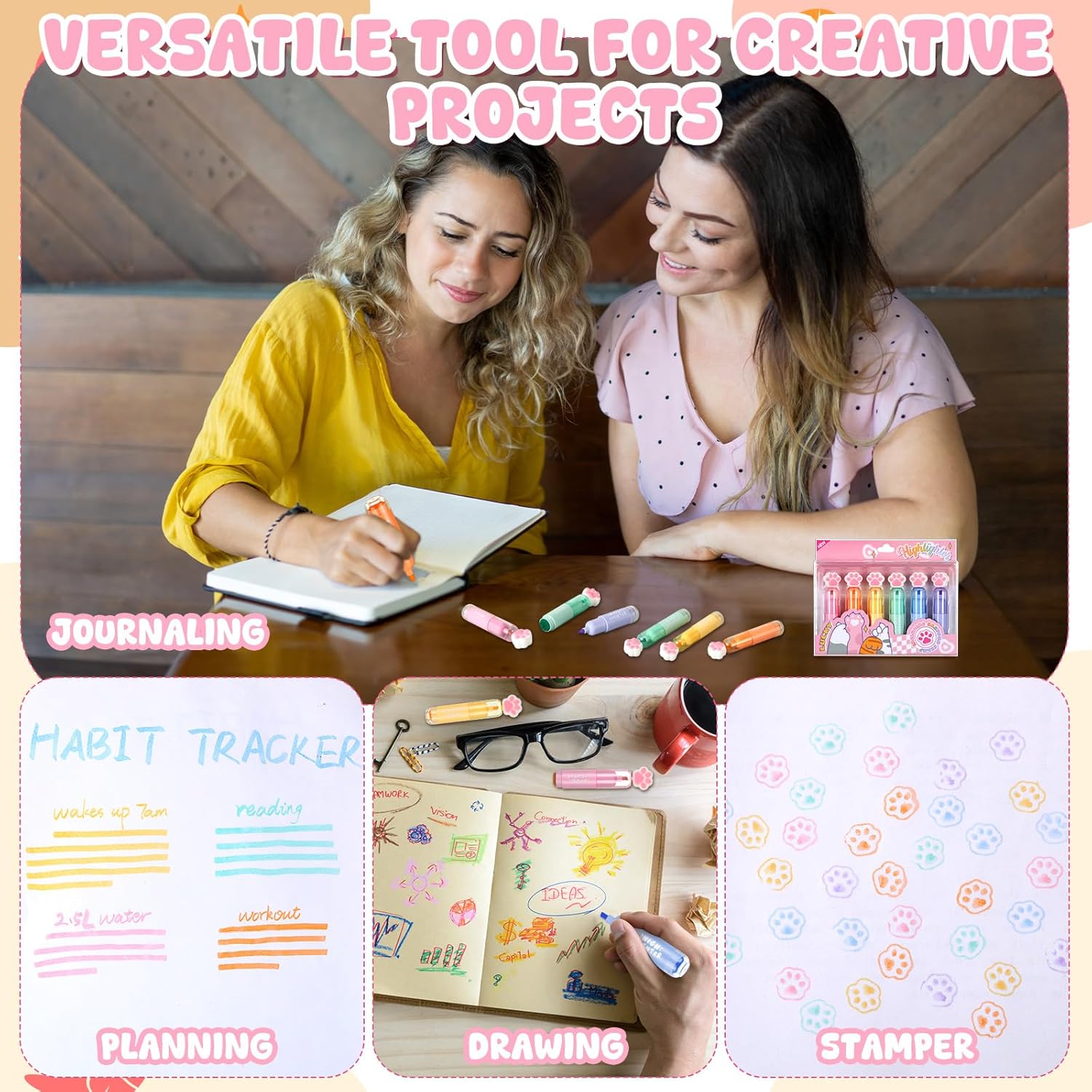 Spiareal 6 Pcs Cute Highlighters with Stamper 2 in 1 Kawaii Multicolor Cat Paw Mini Highlighters Bulk Marker Pens Stamp Set for Rewards Office Birthday Gifts Party Supplies