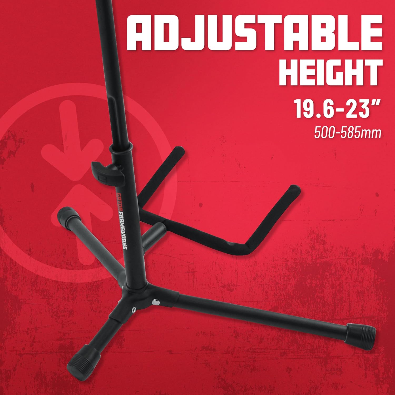 Close-up of a hand securing a guitar neck with the flexible restraint on the Gator Frameworks GFW-GTR-1000 stand