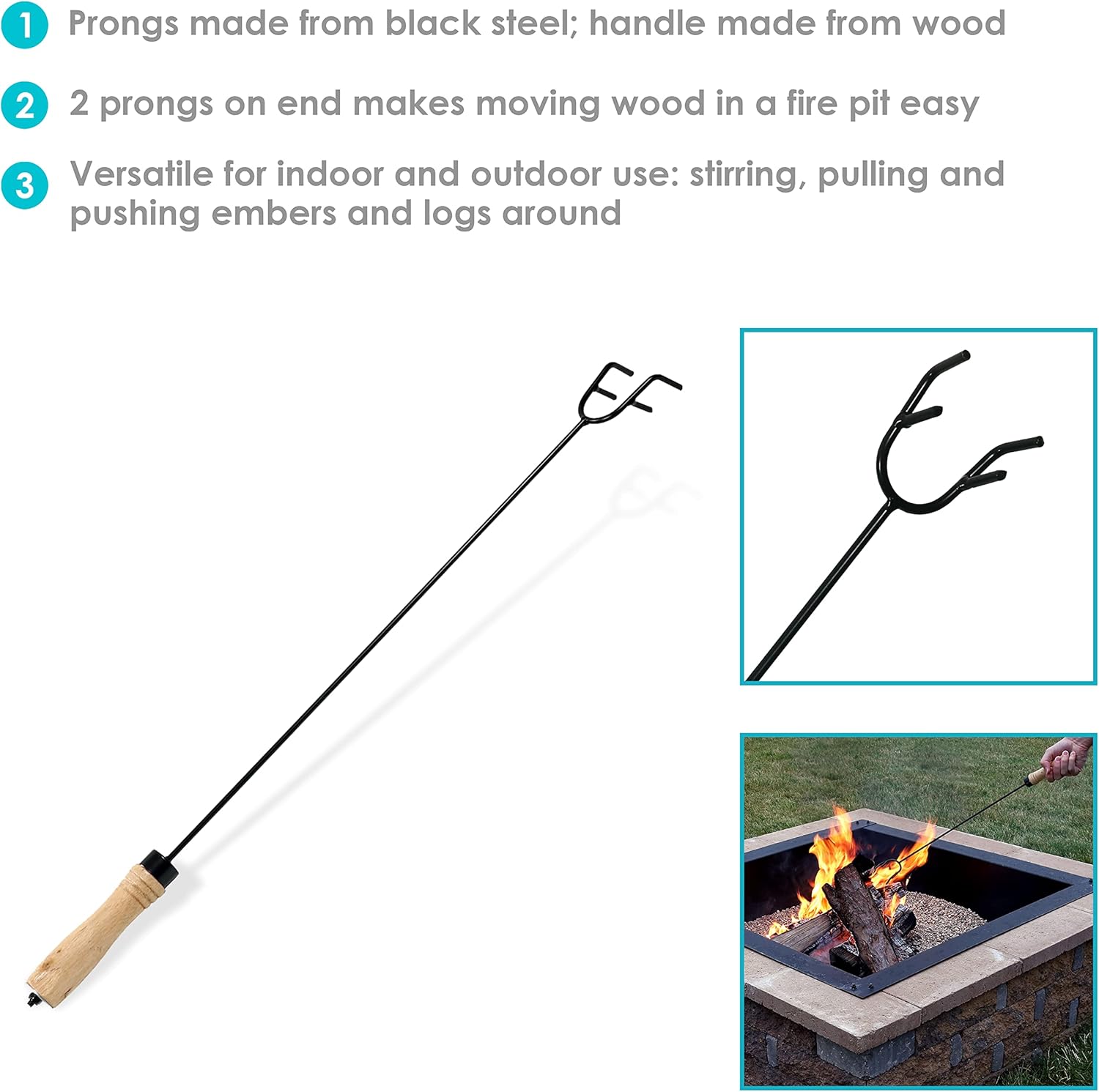 Sunnydaze 40-Inch Heavy-Duty Metal Log Claw Tongs and 26-Inch Long Steel Fire Pit Poker Stick with Wood Handle Bundle