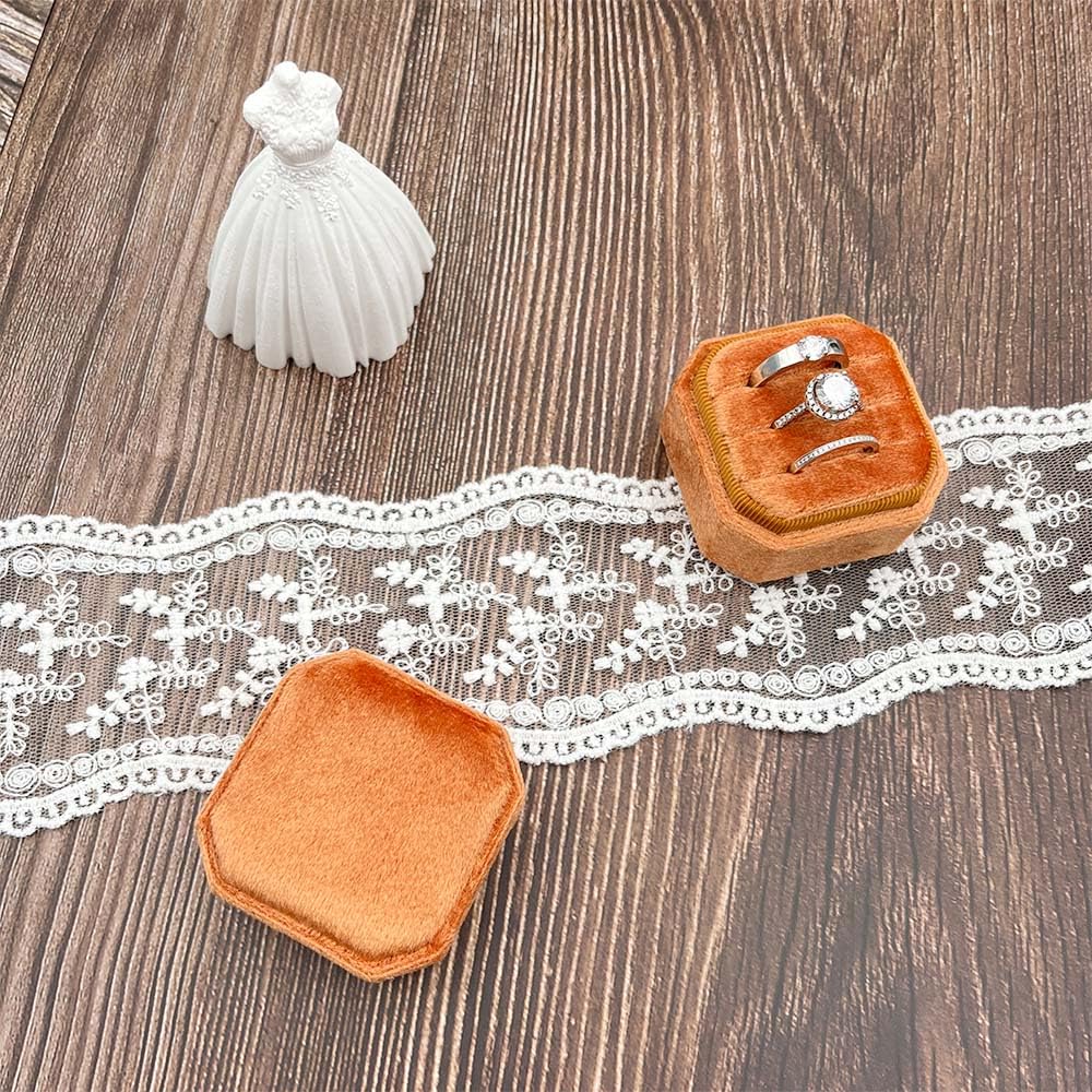 Scatola per anelli in velluto a 3 scomparti, ottagonale di alta qualità, fatta a mano, per cerimonie nuziali, proposte, fidanzamenti, Natale, fotografia (arancione)