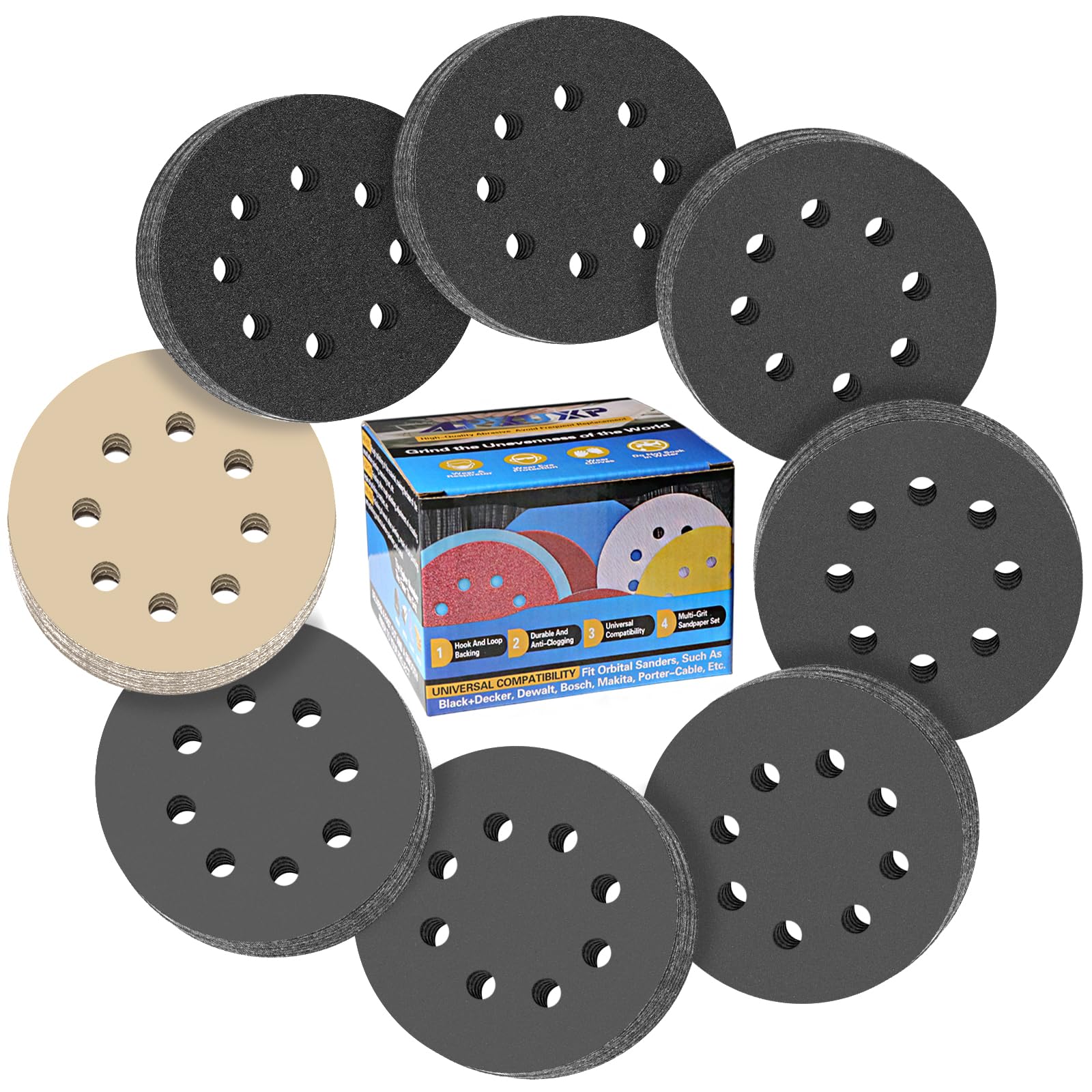 IROKCAKPT Sanding Discs 125mm Water Resistant Paper, Set of 81 (#240 #400 #600 #800 #1000 #1500 #2000 #3000 x 10 Each) Round 8-Hole Disc Paper for Sander, Headlight Polishing, Woodwork DIY Projects : 