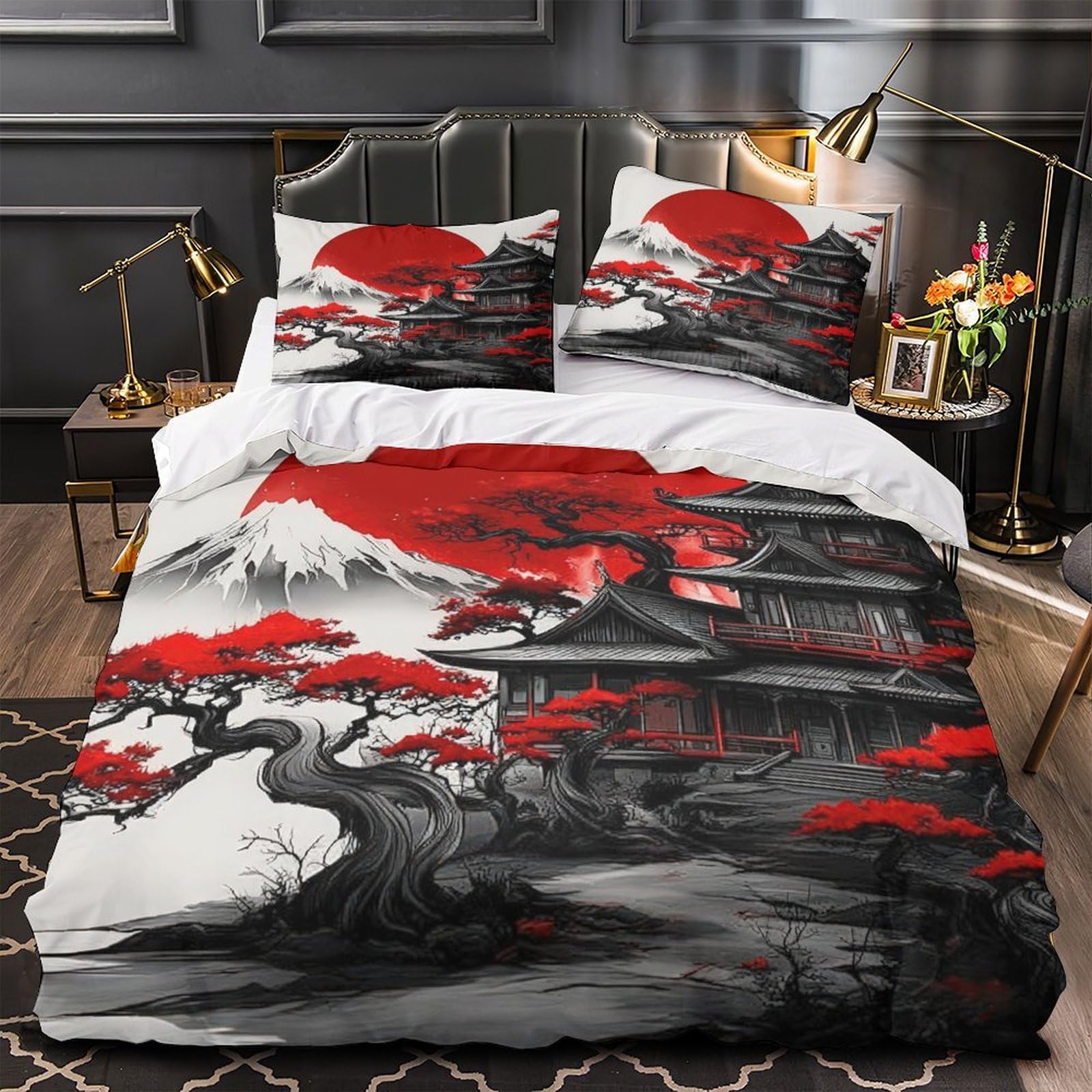 Linge de lit temple japonais 3D avec housse de couette douce