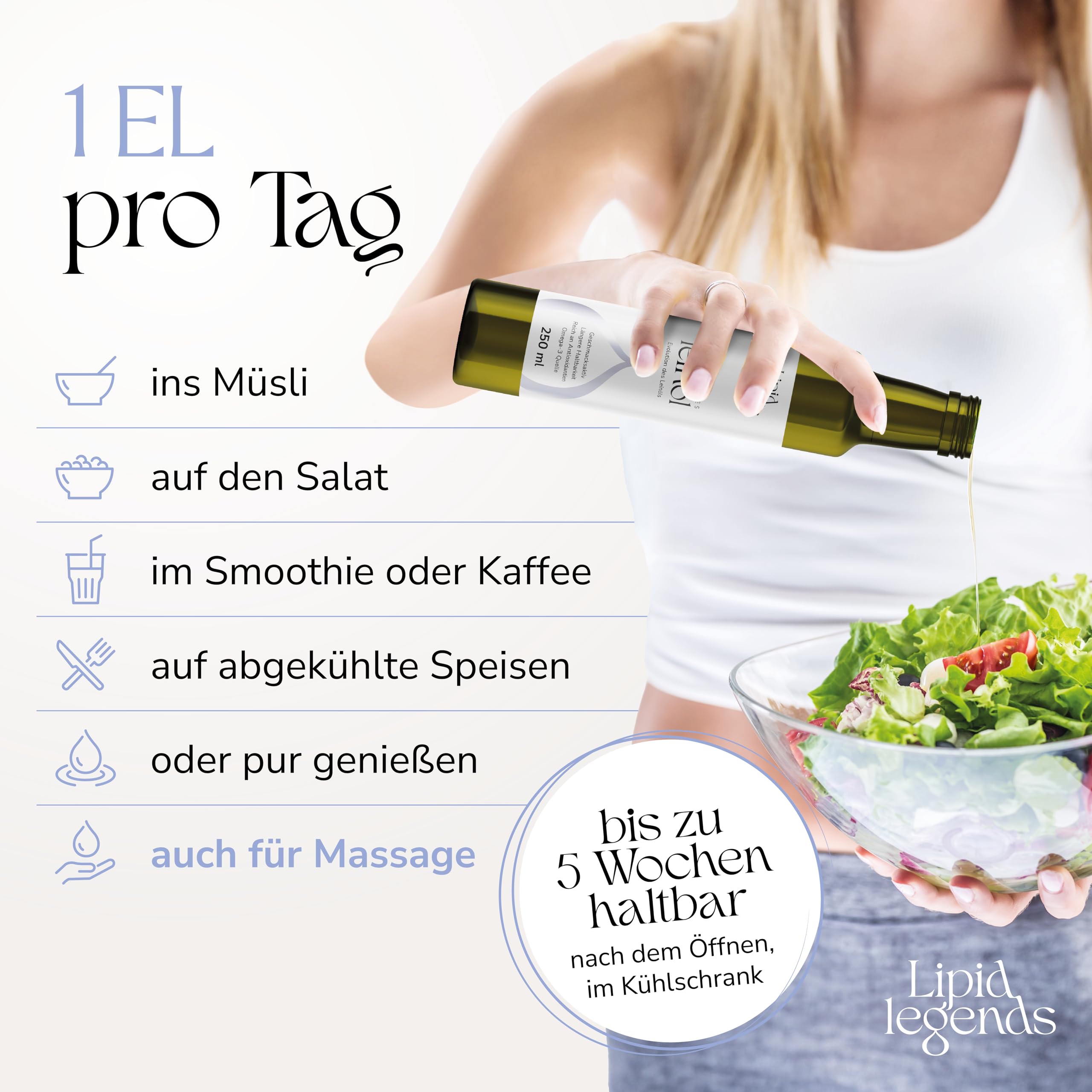 LIPID LEGENDS Optimiertes Bio-Leinöl 500ml Uni Wien Innovation [Antioxidantien, haltbar, aromatisch, vegan, Omega 3] kaltgepresst I Erwachsene & Kinder I Cholesterin I Herzgesundheit