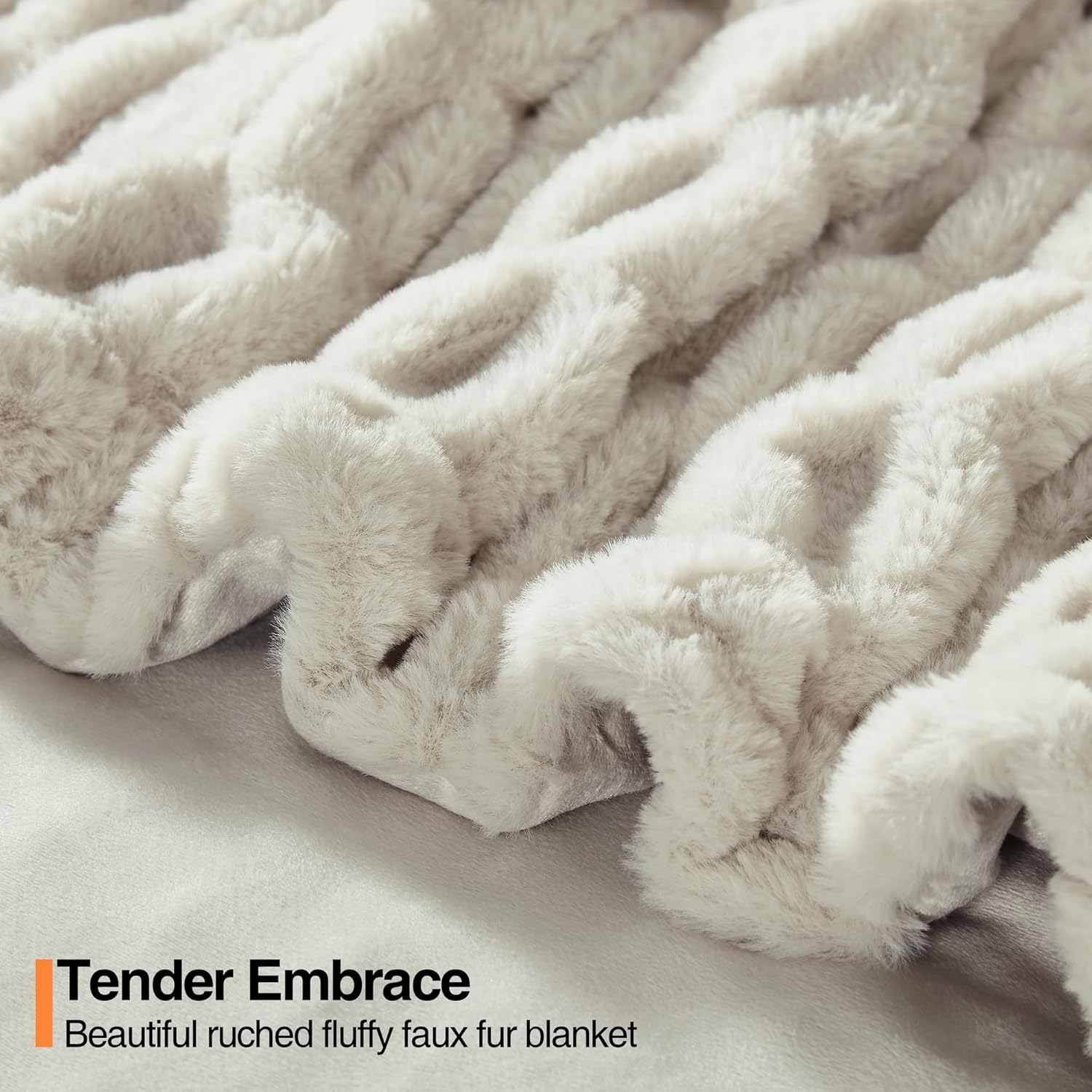 JONIYEAR Solid Cozy Fuzzy Ruched Faux Rabbit Fur Throw Blanket 50" x 60", Decorative Shaggy Fluffy Raffle Blanket for Couch Sofa, Soft Cute Accent Furry Blankets, Warm Blankets for Winter, Sand White