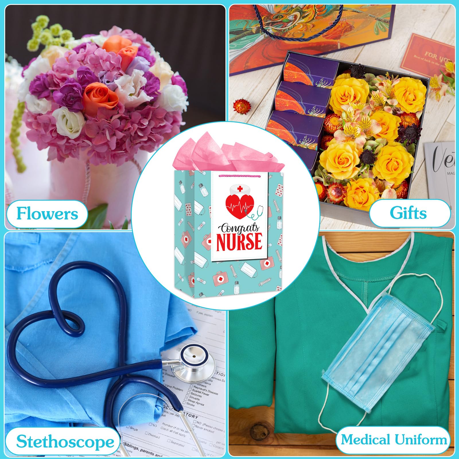 PETCEE Nurse Graduation Gifts Bag - Congrats Nurse Gift Bag with Tissue Paper for Her 11.5" Large Nursing School Graduation Gifts for Grads Medical School Graduates Social Worker Party Supplies