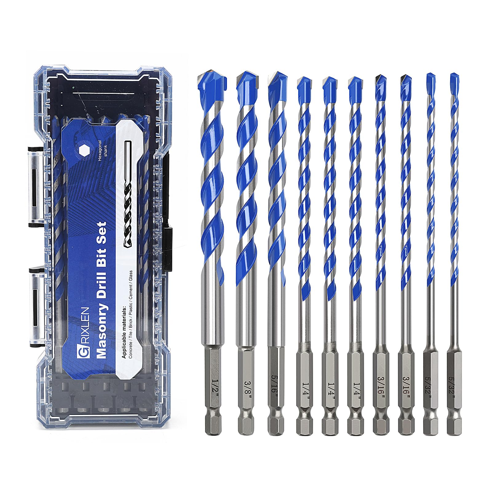 Set di 10 punte per trapano per calcestruzzo, da 1,3 cm a 1,27 cm, con gambo esagonale, punte in carburo per calcestruzzo, piastrelle, mattoni, plastica, cemento (10 pezzi)