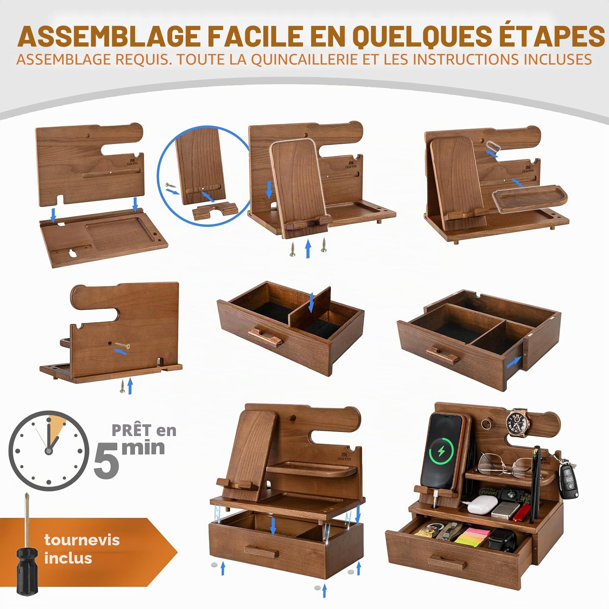 TESLYAR Station d'accueil pour téléphone en bois avec tiroir, organisateur de table de chevet, organisateur de bureau pour mari, cadeau d'anniversaire pour homme, papa, idée d'anniversaire, porte-clés