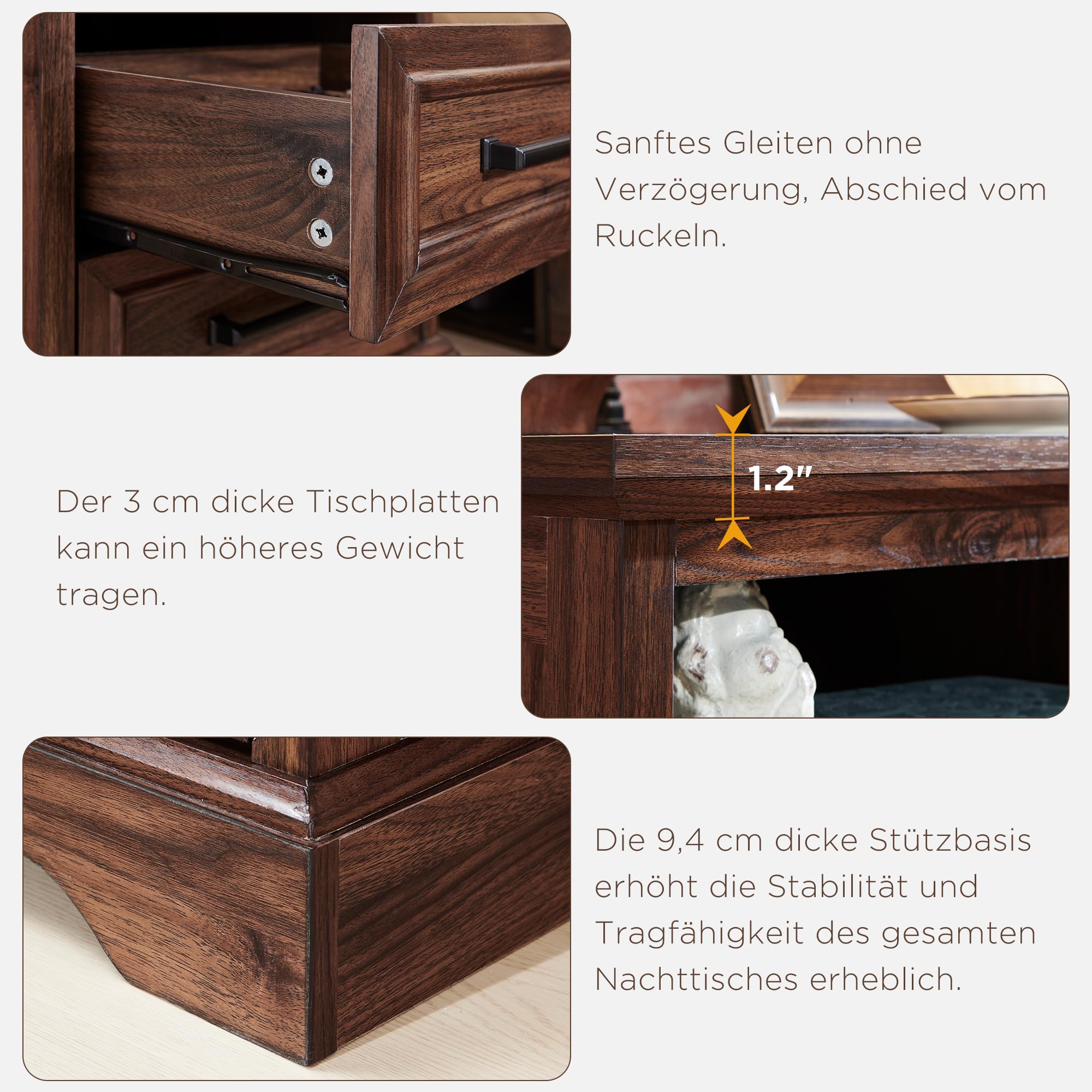 45.7cm Bauernhaus Nachttisch mit Ladestation, Beistelltisch mit 2 Schubladen zur Aufbewahrung, Seitentisch, Nachtschrank für Schlafzimmer, Wohnzimmer,Braun