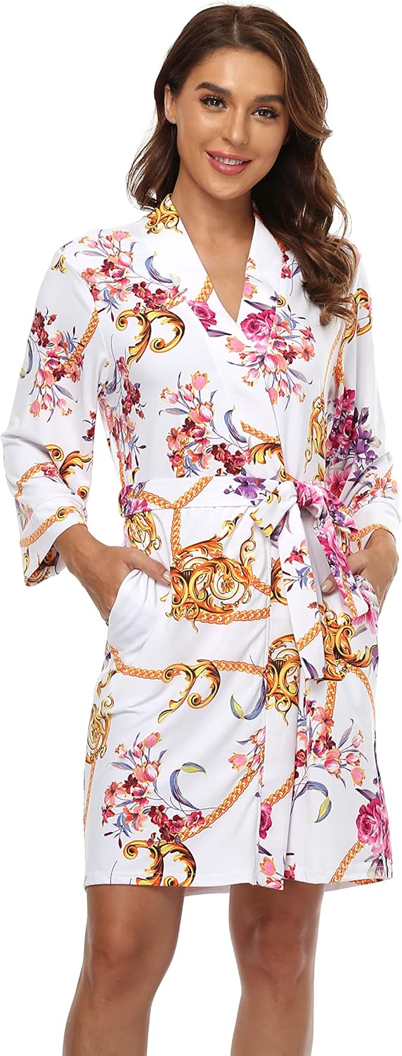 Women's Kimono Robe Short Knit Bathrobe Soft House Sleepwear Lightweight Ladies Loungewear - Image 2