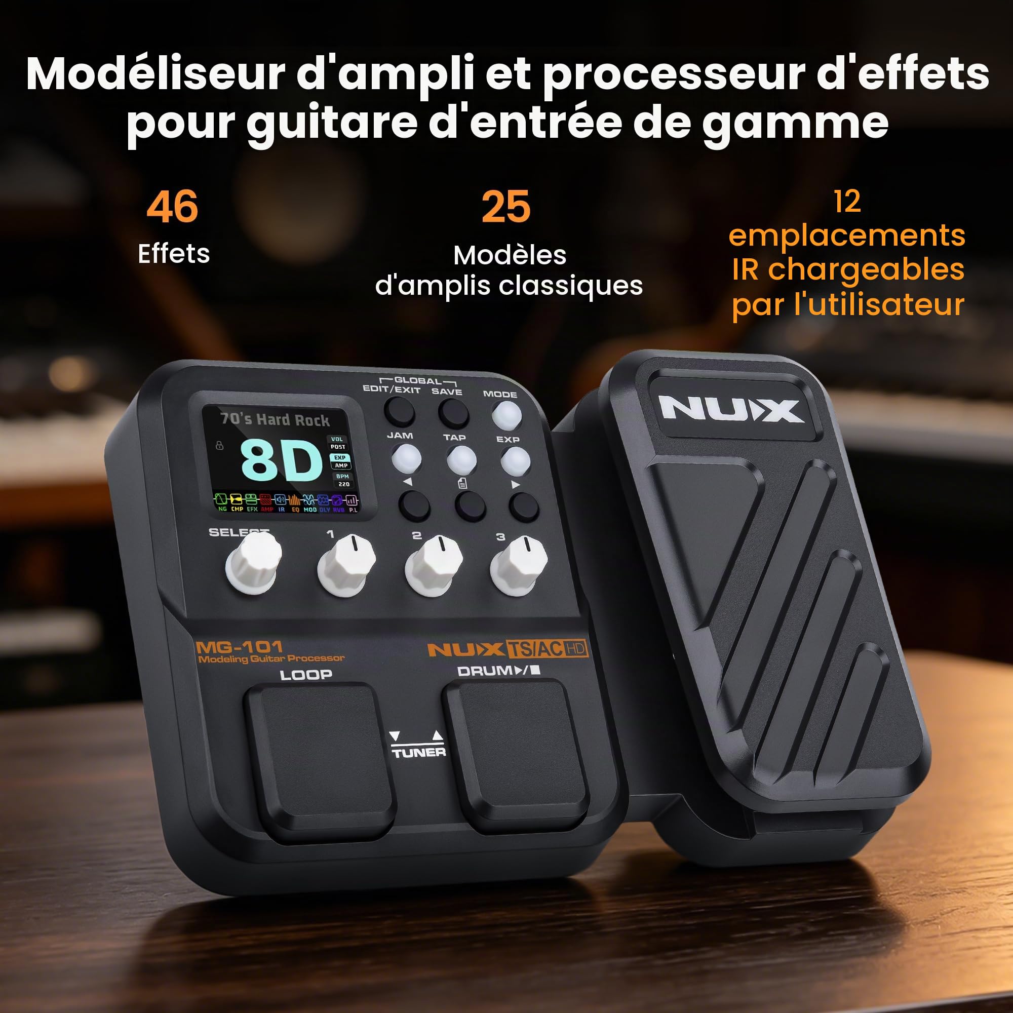 NUX MG-101 Pédale multi-effets 25 modèles d'amplificateur classiques, résolution IR 512 échantillons, 46 effets, streaming en direct facile