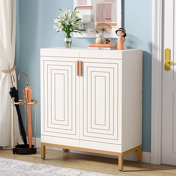 Tribesigns Shoe Cabinet with Doors, 20 Pairs Entryway Shoe Storage Cabinet with Shelves, 5-Tier Modern Free Standing Shoe Racks Storage Organizer for Closet, Living Room, Bedroom (White/Gold)
