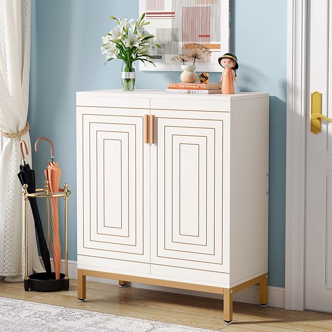 Tribesigns Shoe Cabinet with Doors, 20 Pairs Entryway Shoe Storage Cabinet with Shelves, 5-Tier Modern Free Standing Shoe Racks Storage Organizer for Closet, Living Room, Bedroom (White/Gold)