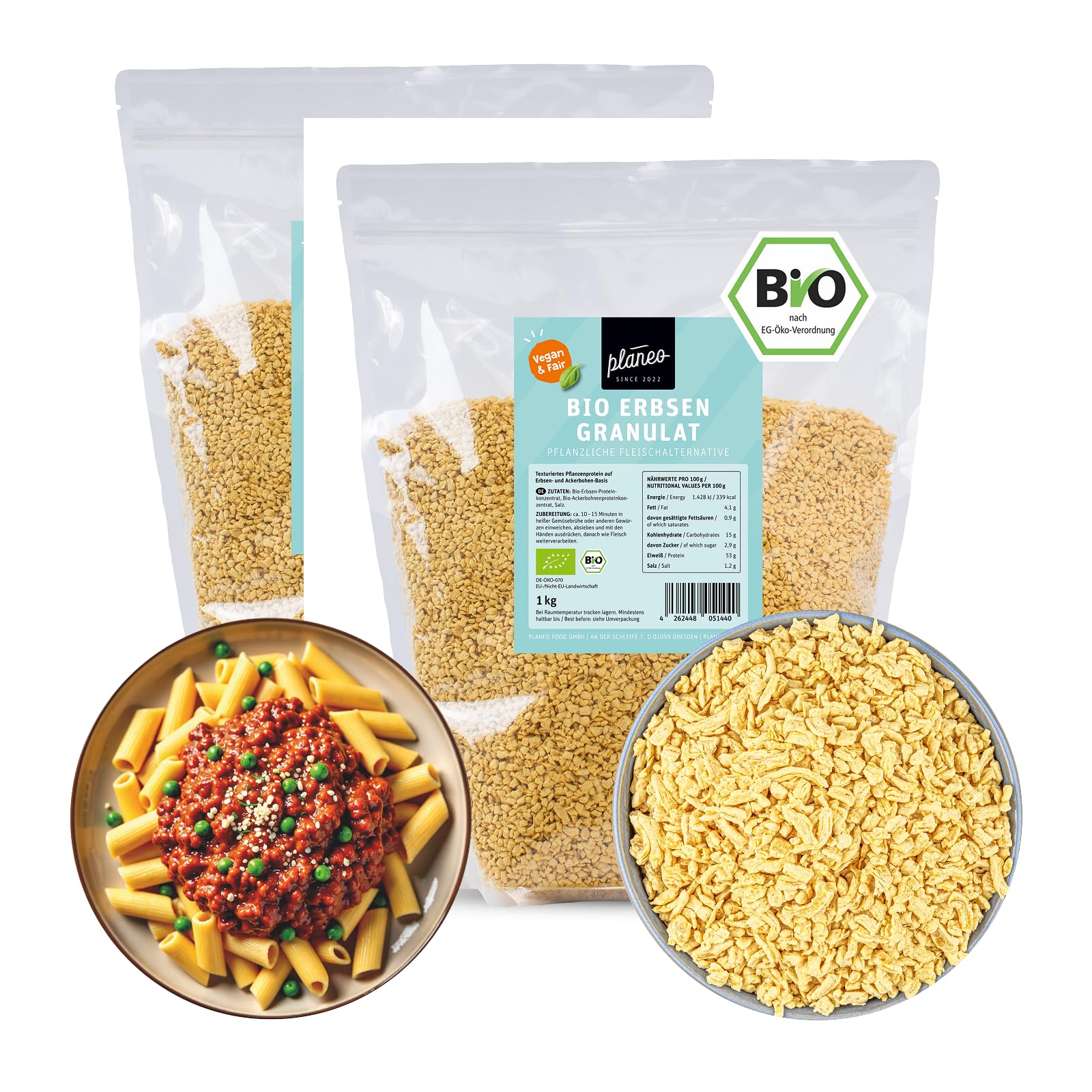 Planeo BIO Erbsen Granulat 2 x 1kg – Proteinreicher Hackfleischersatz mit über 50% Eiweiss, ideal für vegane Bolognese & Burger, aus Bio-Erbsen- und Ackerbohnenprotein