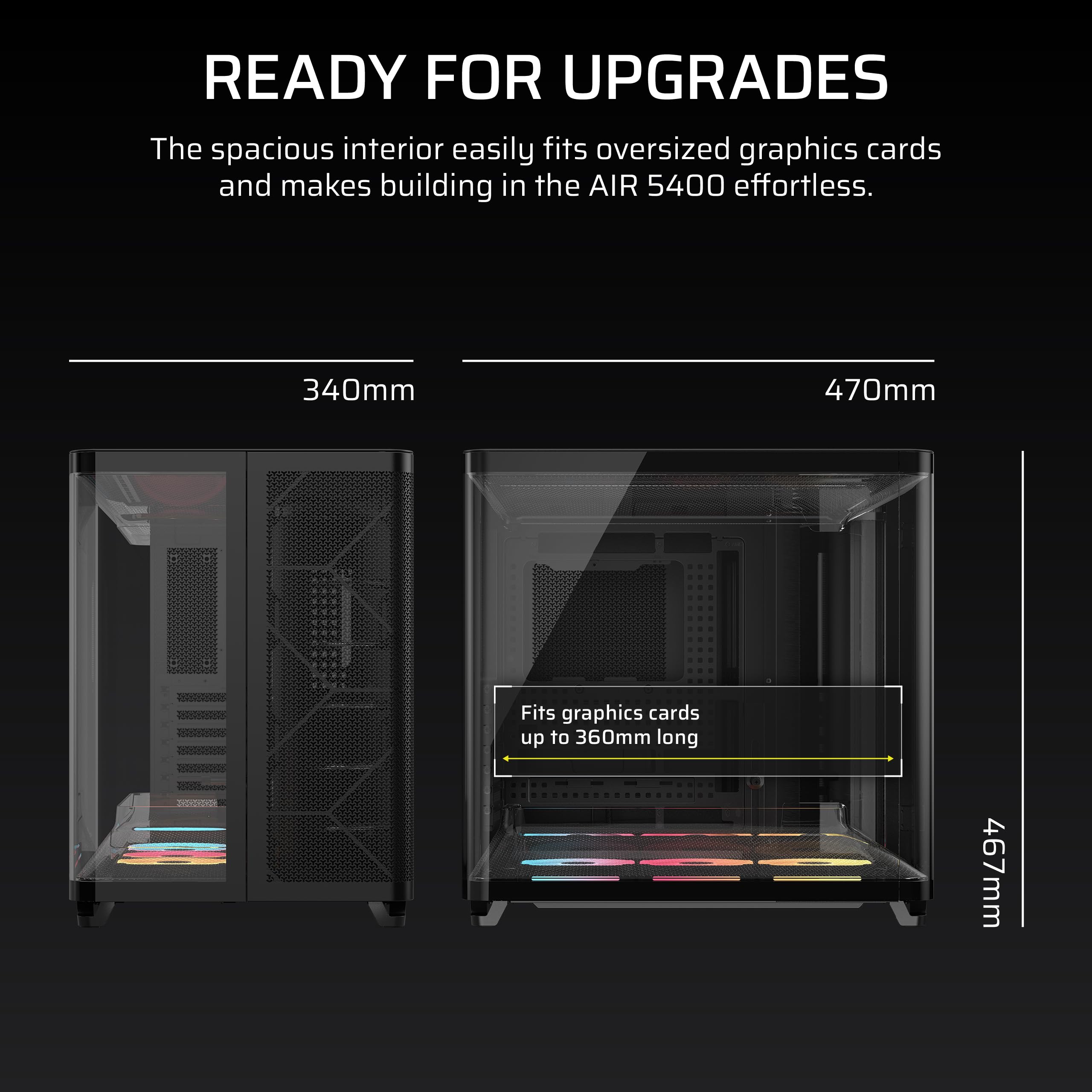 CORSAIR AIR 5400 LX-R RGB iCUE LINK trzykomorowa obudowa Mid-Tower Panoramiczna PC – 3 x wstępnie zainstalowane wentylatory LX-R RGB z odwróconym wirnikiem, niski poziom hałasu, kanały o wysokim