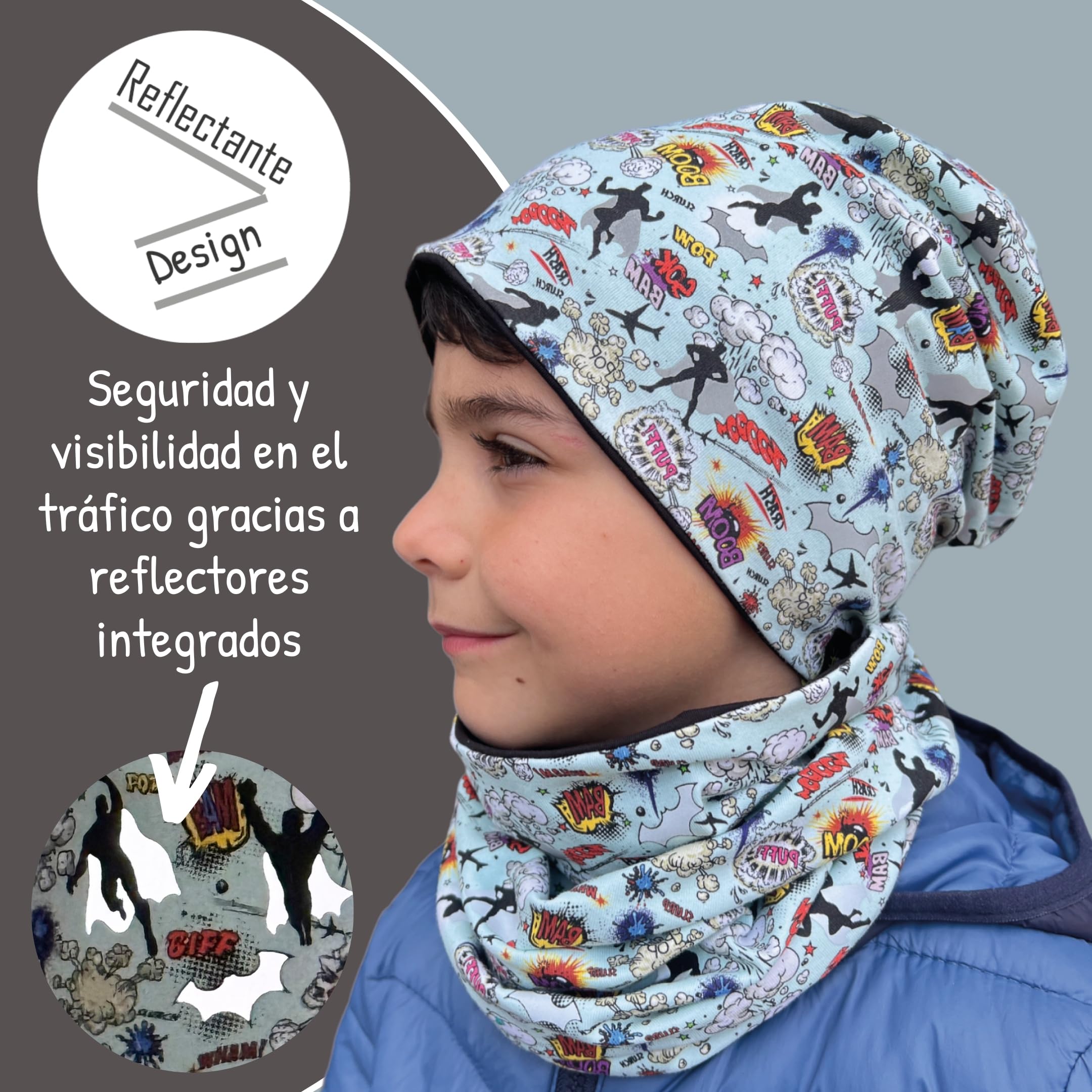 HECKBO gorro y braga cuello infantil 360° reflectante 95% algodón tejido elástico suave fácil de cuidar ideal para primavera otoño e invierno 48–54 cm