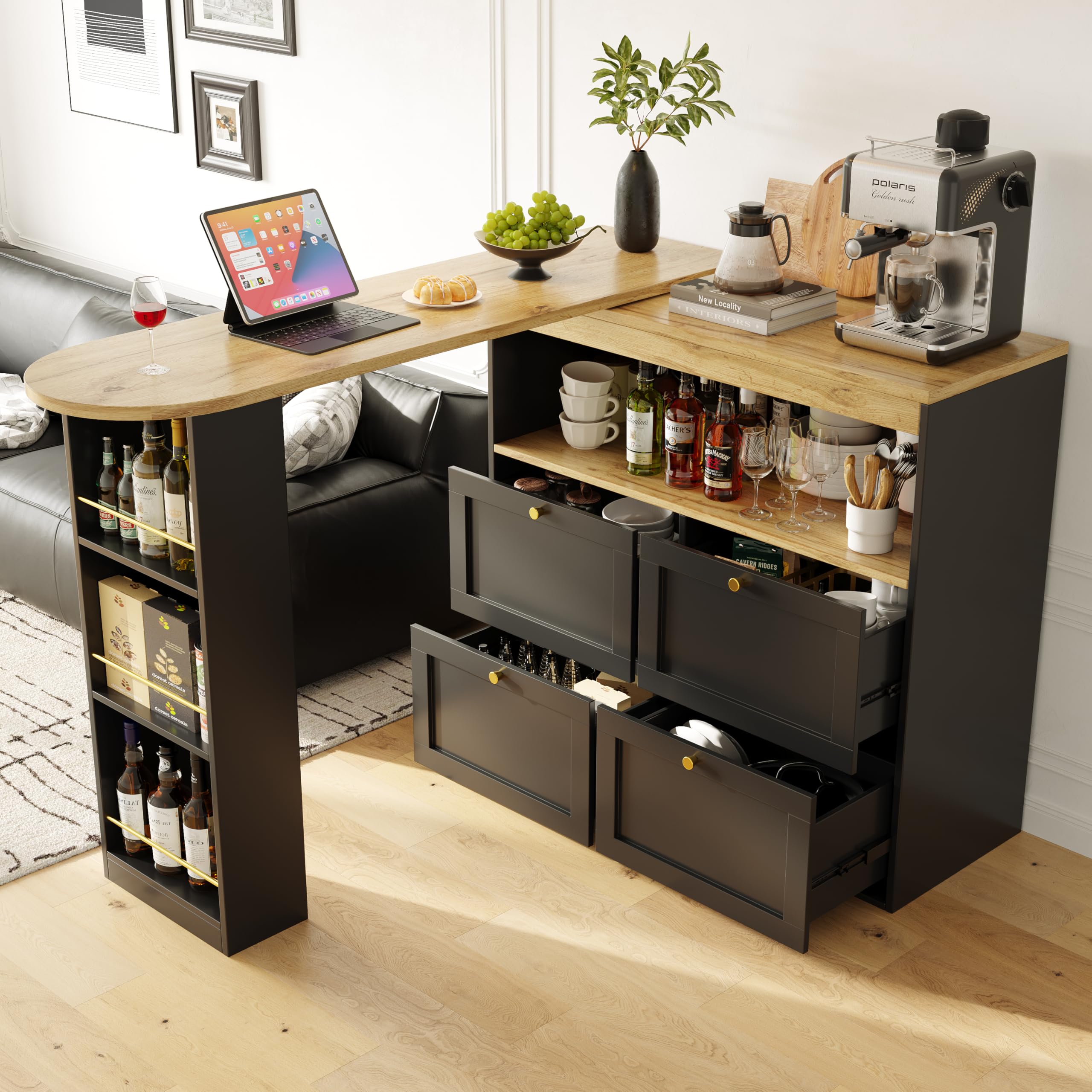 Merax 360° Swivelling Bar Table with Storage Drawers and Rotating Shelves – Modern Home Office Desk with 4 Drawers, Open Display Unit MDF Wood Cabinet Black +Natural – 105 x 39 x 102 cm