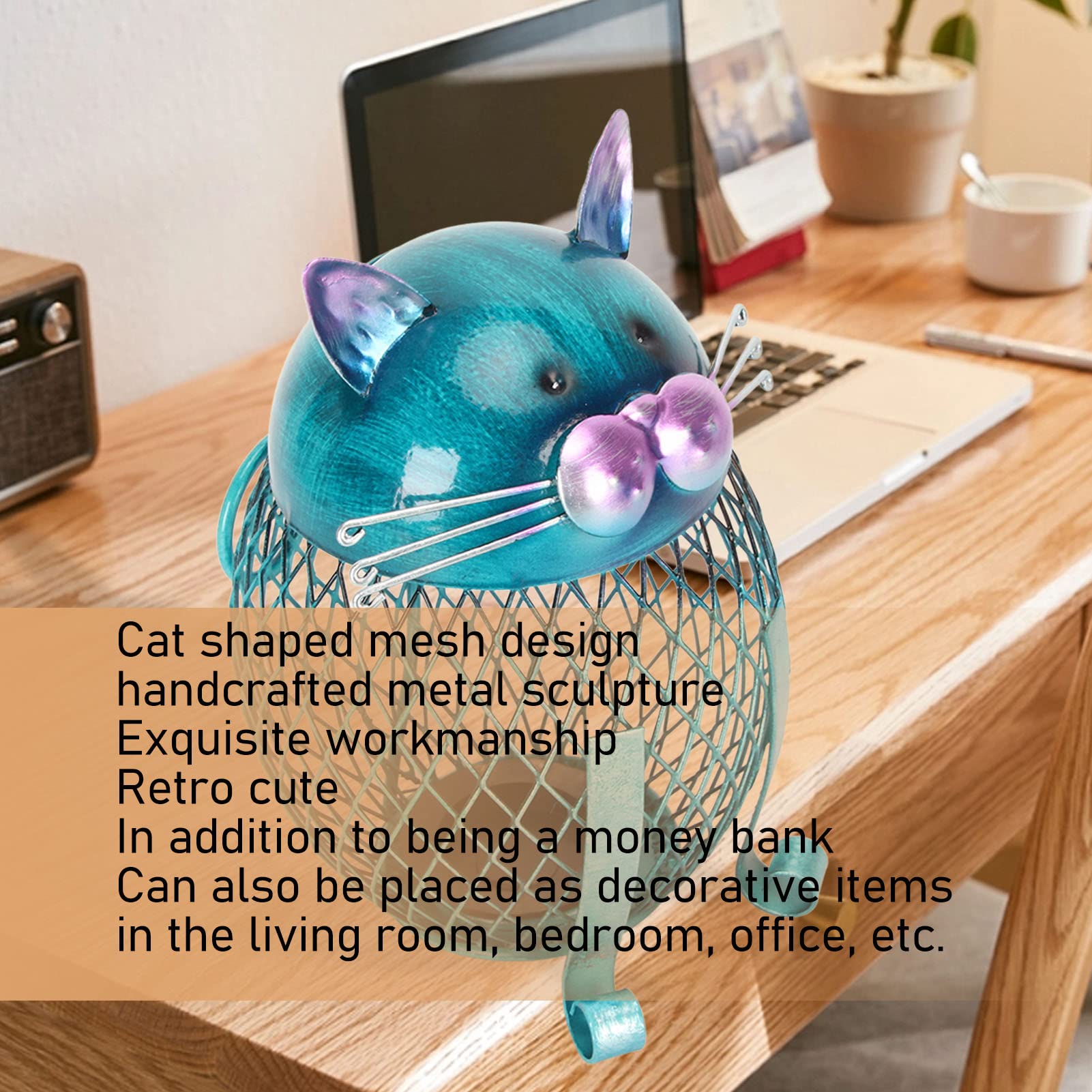 Unique Metal Cat Coin Piggy Bank For Adults Hand Colored Animal Money Bank Rubber Plug Included Great Addition To Home, Living Room, Bookshelf