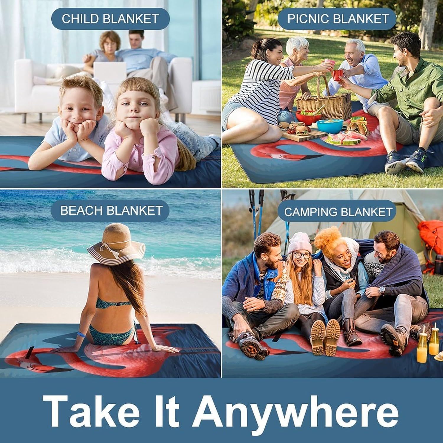 Animal Flamingo Waterproof Picnic Blanket 58.3''x58.3'',Portable and Foldable Picnic Mat with Handle,Outdoor Blankets for Lawn Park Beach Travel