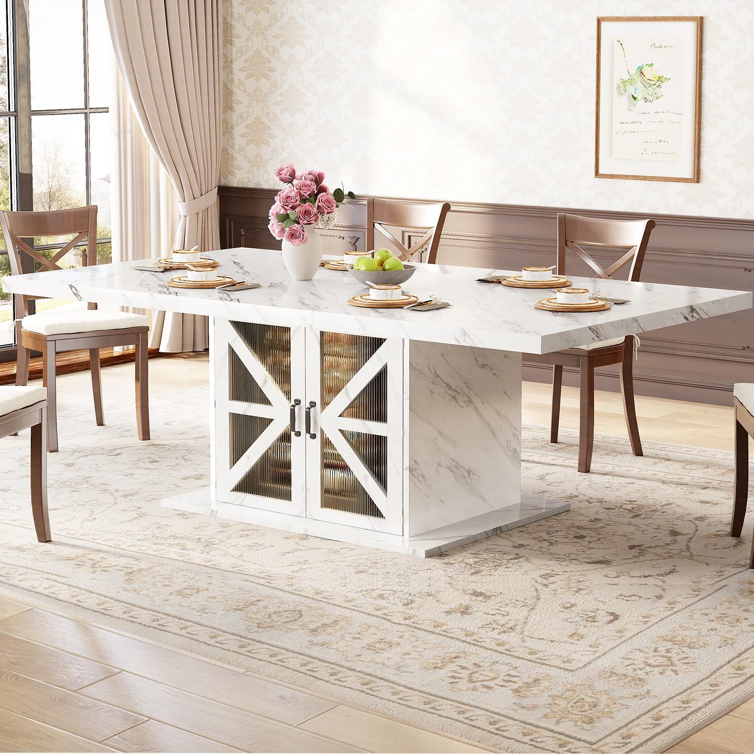 LVB Modern Dining Table for 4 to 6, White Rectangle Kitchen Table with Storage, Wooden Pedestal Dining Room Table with Fridge Space, Large Dinner Tables for Home,Living Room,White Faux Marble, 63 Inch