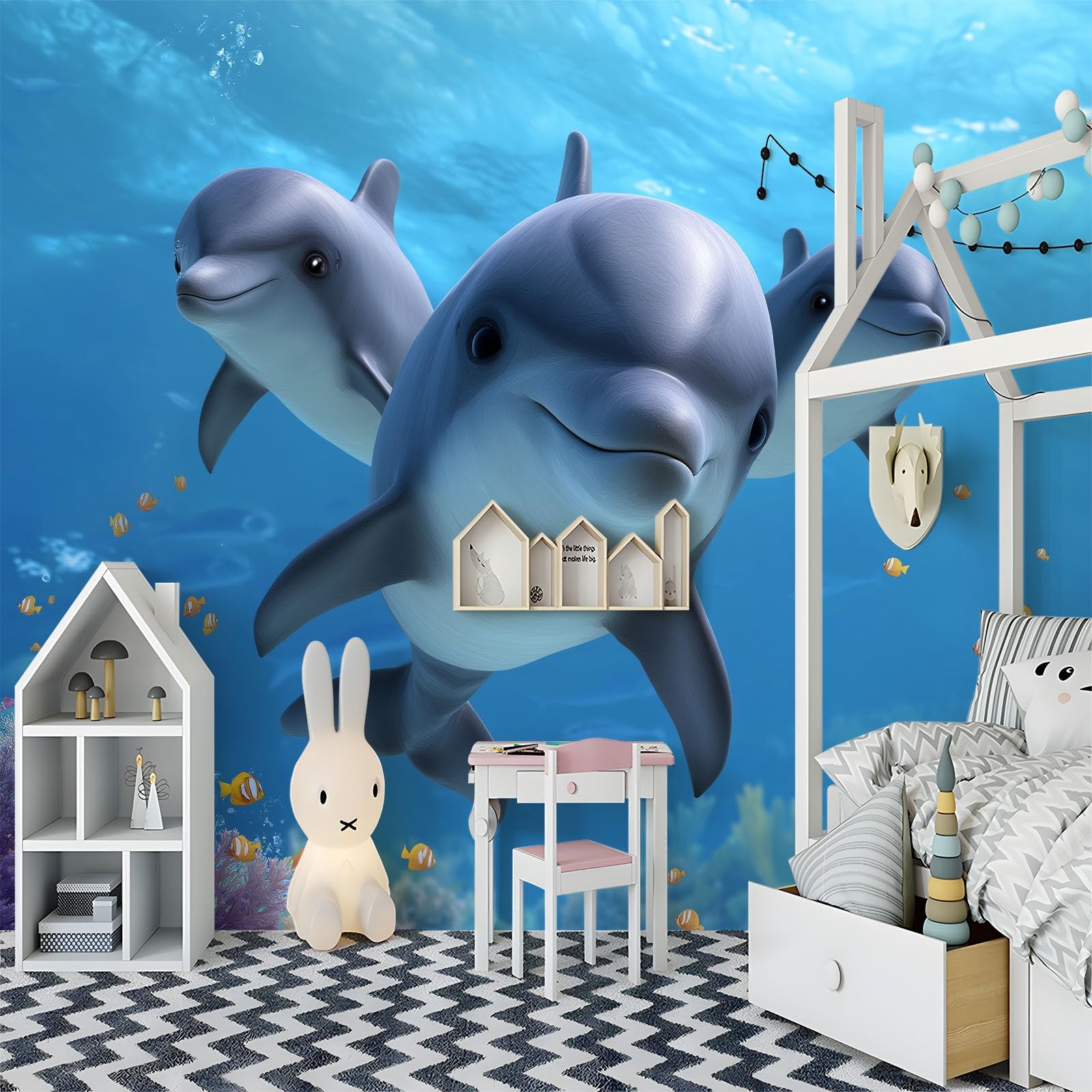 Fototapeta z efektem 3D, 350 x 256 cm (szer. x wys.), tapeta ścienna, niebieska, tapeta ścienna - śliczne morze, zwierzęta, delfiny, tapeta z włókniny, tapeta z wzorem do salonu, sypialni, biura