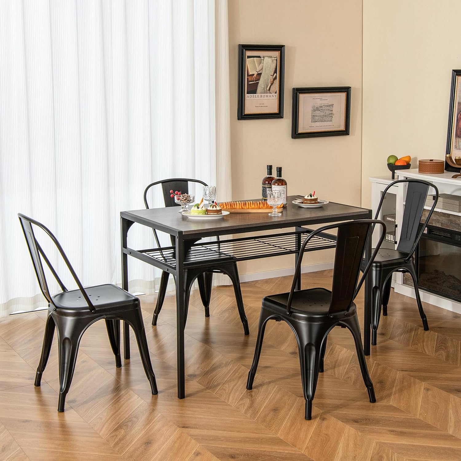 DORTALA Set of 4 Metal Dining Chair, Cafe Side Chairs w/Rubber Feet, Stylish and Modern Chairs, Stackable Bar Cafe Side Chair, Black