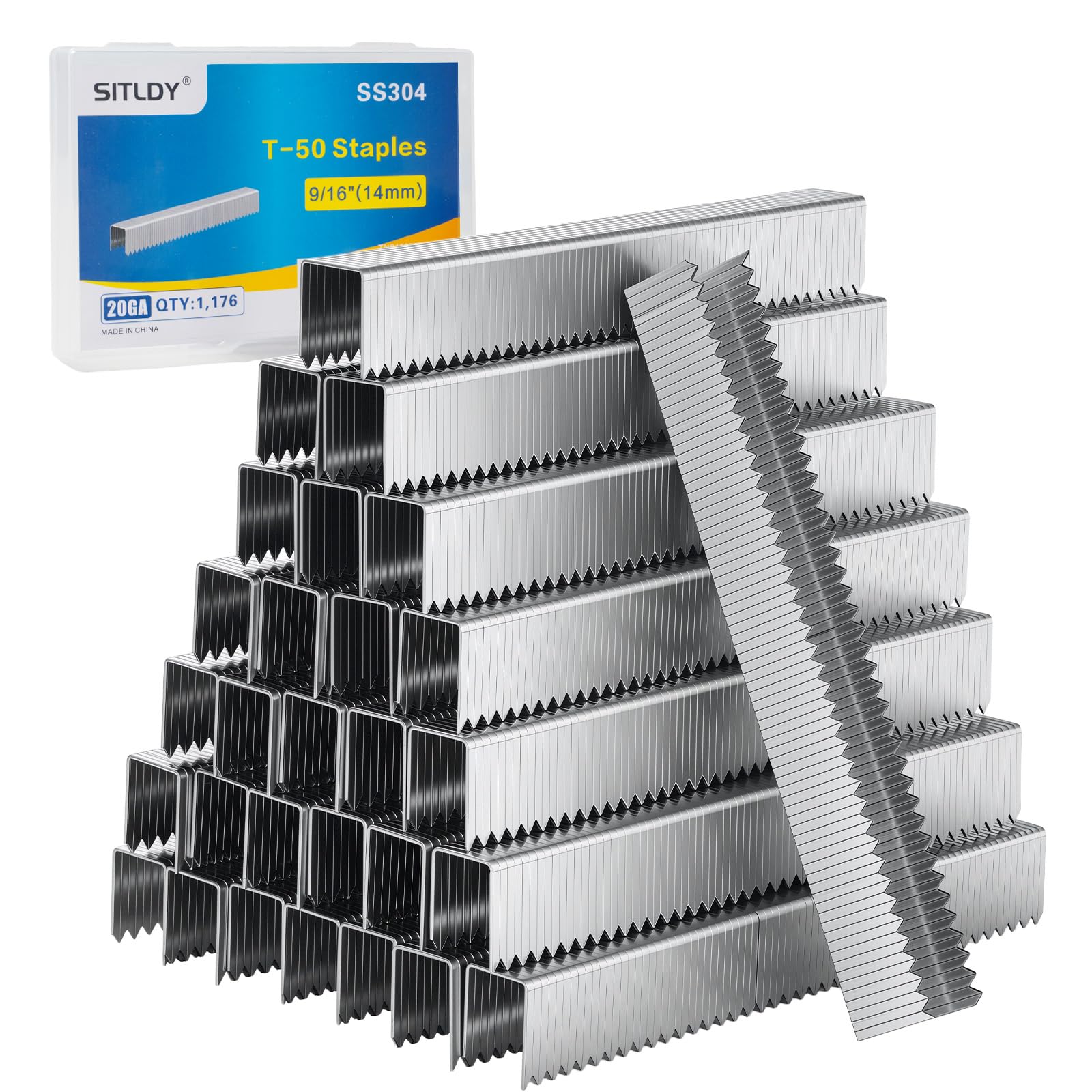 SITLDY 9/16 Inch Length Beveled Chiseled Pointed Heavy Duty T-50 304 Stainless Steel Staples 1176-Count, A11 20 Gauge for Pneumatic, Electric T50 Stapler