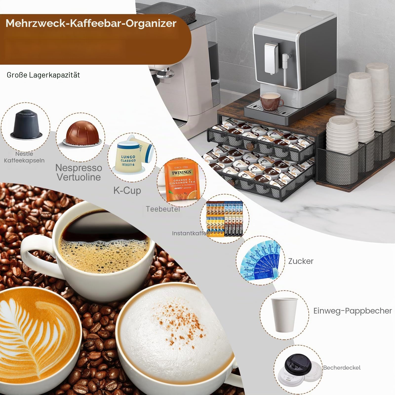 TQVAI Kapselhalter für mit 2 Schubladen Organizer, 60 Kaffeekapseln Aufbewahrung Stahl und MDF-Holz Kaffee Organizer Ständer mit 3 Schlitzen für Einwegbecher, Regal für Zubehör Küche Schwarz