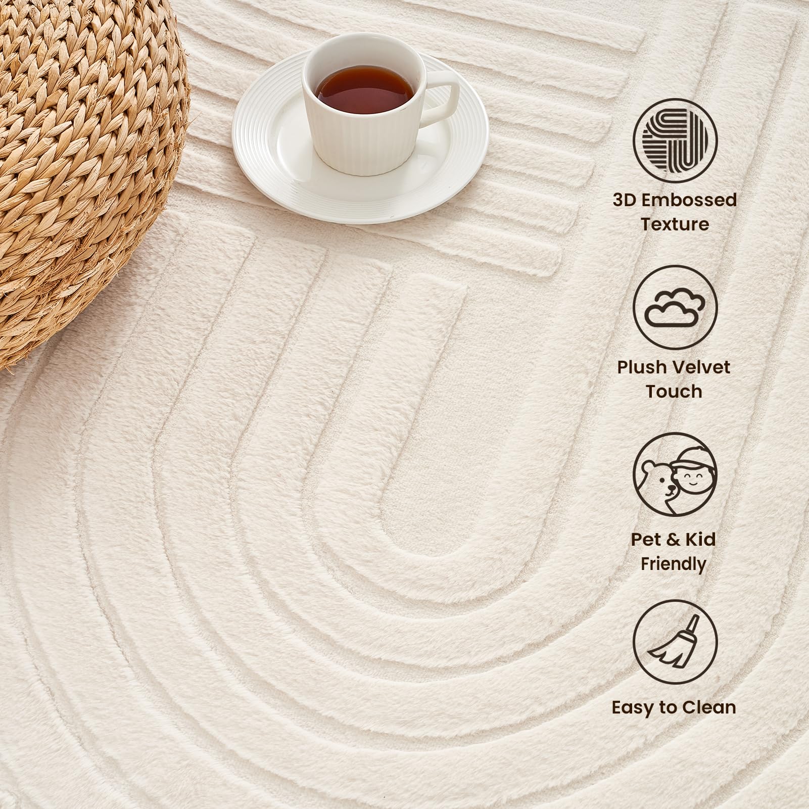 Topfinel Modern Wohnzimmer Teppich Weiß 200x290 Wellen 3D-Effekt Waschbarer Kurzflor Groß Weich Flauschig Antirutsch Teppiche Schlafzimmer Esszimmer Büro Einfarbig Creme Teppich Dauerhaft Felloptik
