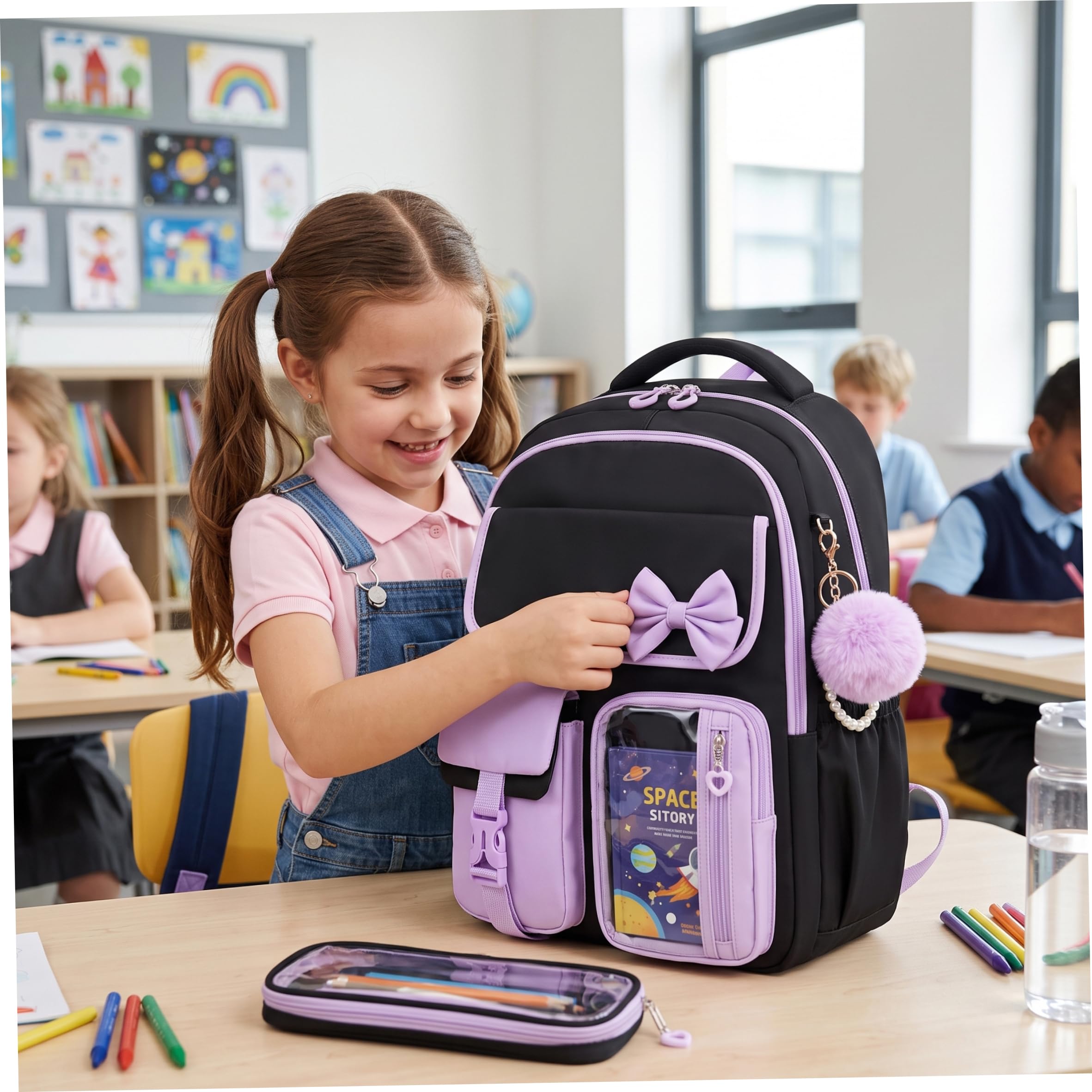 Zaini scolastici per ragazze, set multitasche da 3 pezzi, stile 2.. | Design spazioso e multitasche, contiene tutto il materiale scolastico, ideale per ragazze dai 6 agli 8 anni