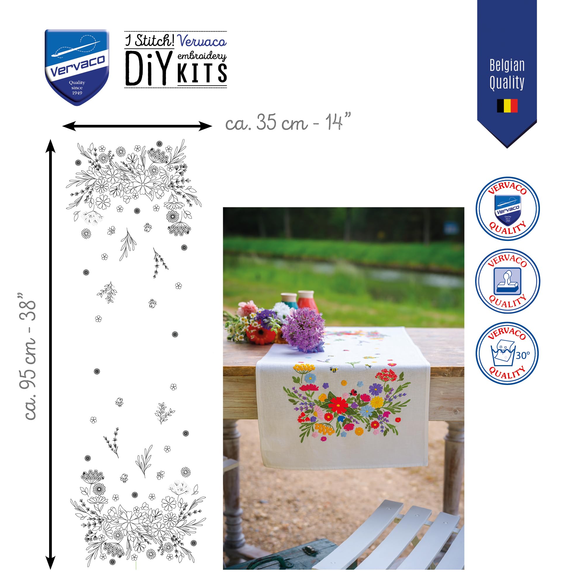 VERVACO Kit Centrotavola Ricamo Prestampato MONDO FLOREALE Set Ricamo Biancheria Da Tavola ca. 35 x 95 cm Set Fai Da Te Creativo Size Kit Hobby Creativi Adulti Casa Decor Embroidery Embroidery Runner