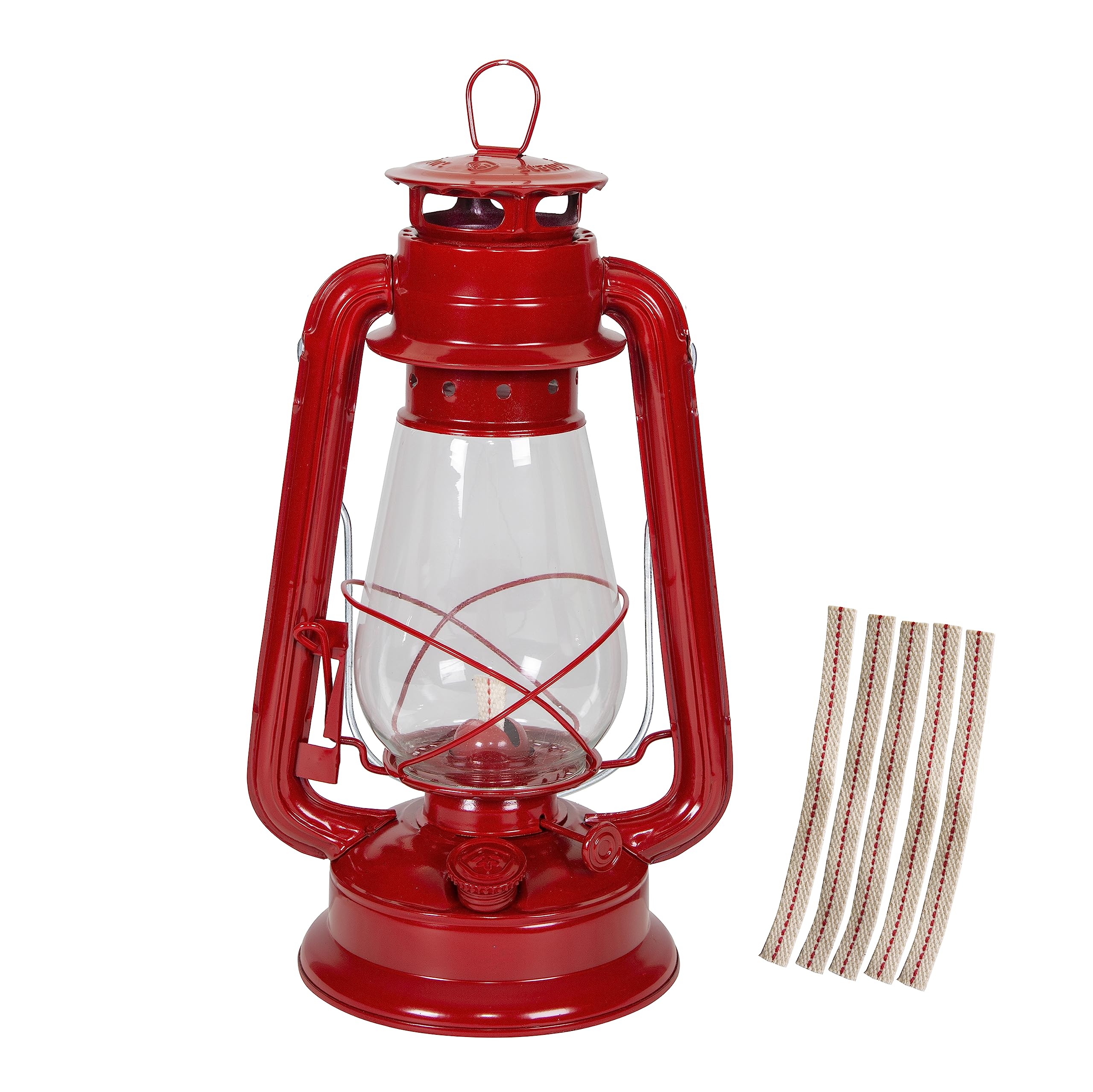 Stansport Hurricane Lantern – Classic Metal Kerosene Oil Lamp with Glass Globe and Adjustable Wick – Portable Emergency Lighting &amp; Decorative Indoor/Outdoor Camping Lantern, Red