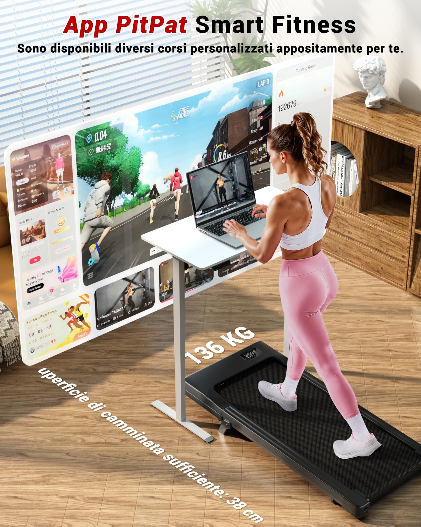 Superun Raceable Tapis Roulant Salvapazio Elettrico con Inclinazione 6%, 2.5 CV Walking Pad,1-6km/h Tapis Roulant Elettrico Pieghevole con APP Controllo Corsi di Allenamento, Massima di 136 kg