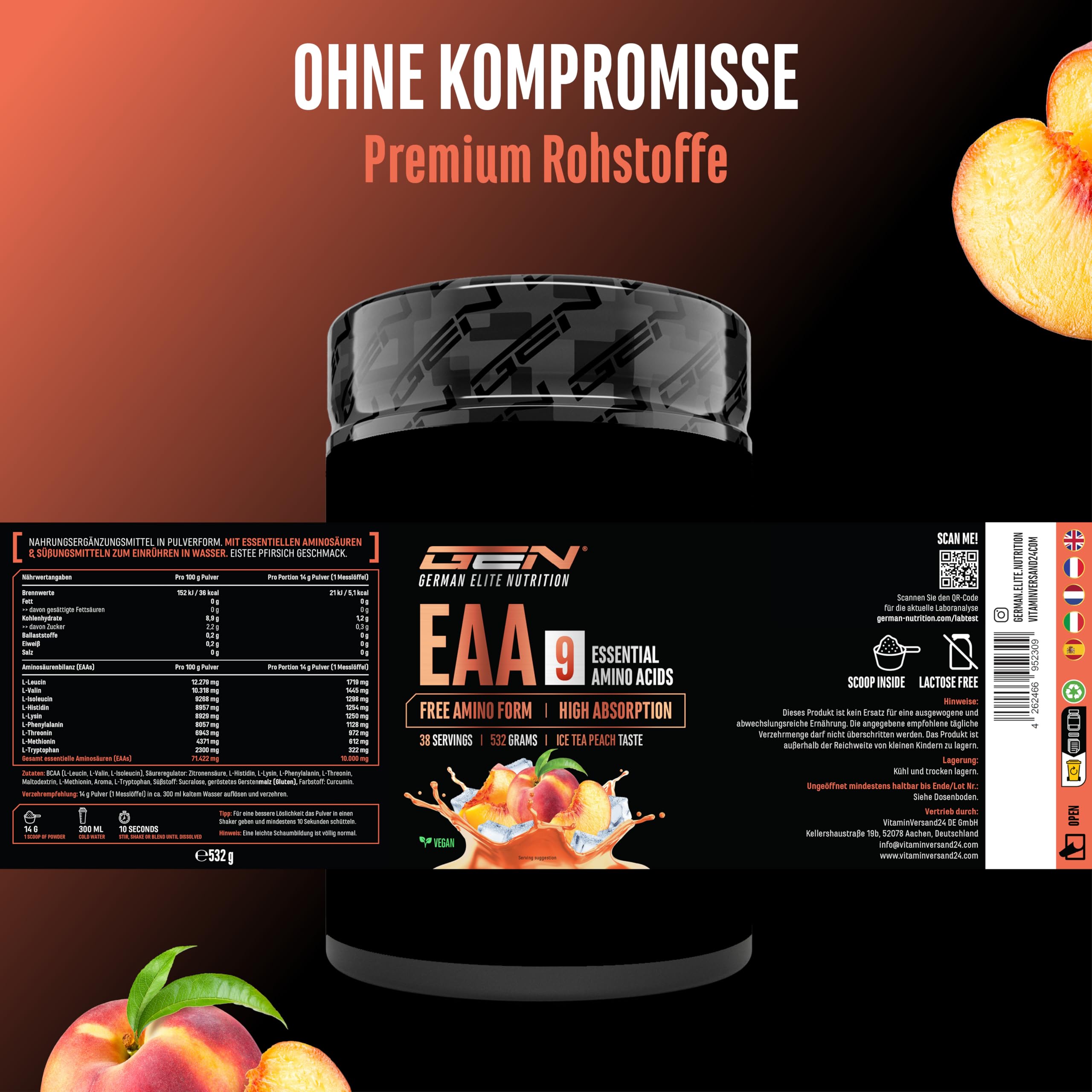 GEN GERMAN ELITE NUTRITION EAA Pulver - 532 g - 9 essentielle Aminosäuren | Ice Tea Peach, Human Code Formel, inkl. Histidin & BCAA, 10 g EAA pro Portion