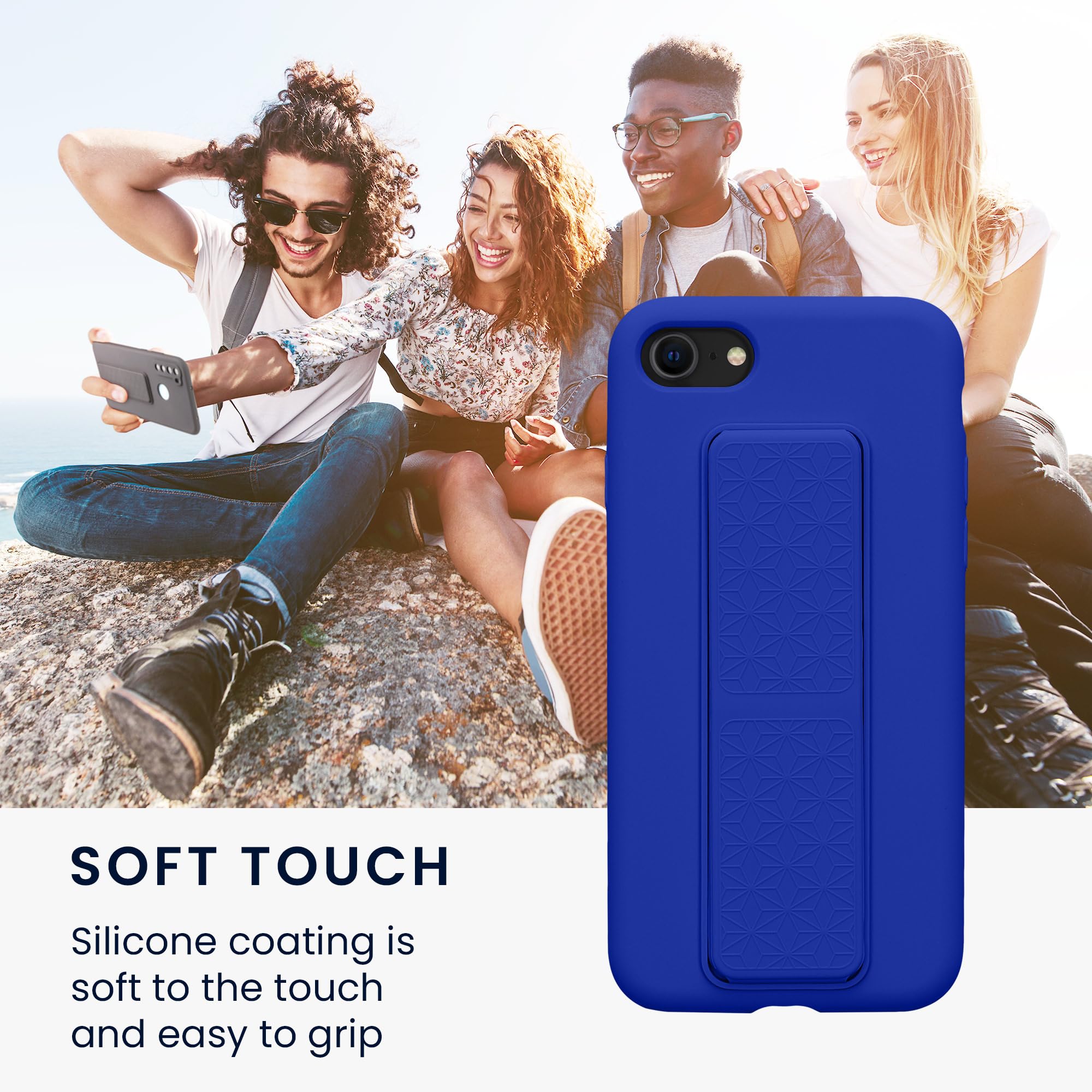 kwmobile Etui kompatybilne z Apple iPhone SE (2022) / iPhone SE (2020) / iPhone 8 / iPhone 7 - Etui z paskiem na rękę i podstawką, miękka silikonowa powłoka TPU - Baltic Blue