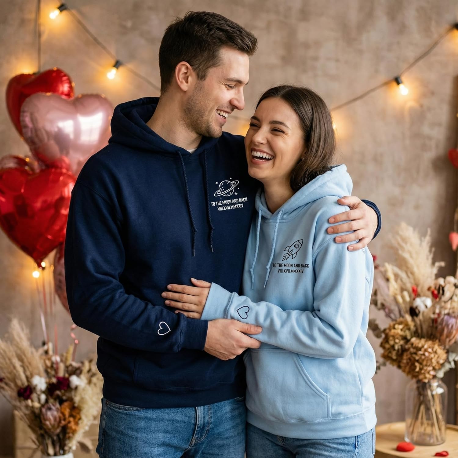 Custom To The Moon And Back Embroidered Hoodies – Matching Couple Hoodie Gift For Valentine or Anniversary - Image 2