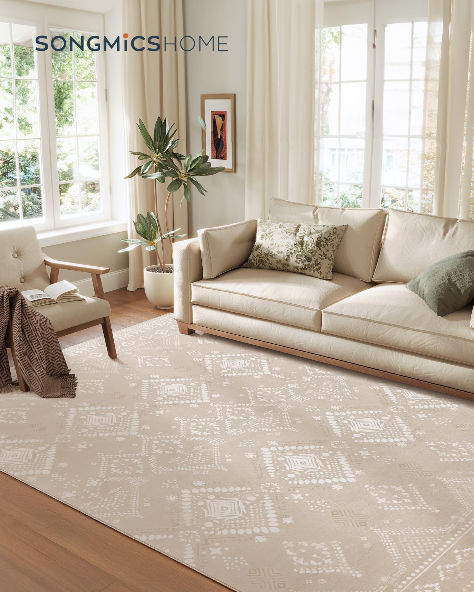 SONGMICS HOME Tappeto per Soggiorno, 200 x 290 cm Tappeto Salotto Antiscivolo, per Soggiorno Camera da Letto Cameretta, Lavabile in Lavatrice, Stile Boho, Beige Cappuccino TAR214L01