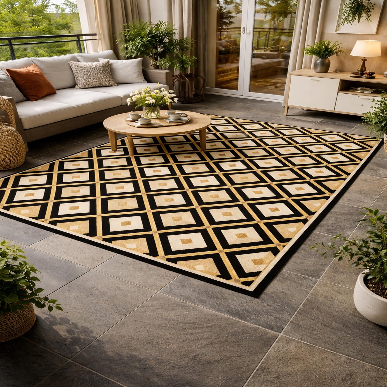 Tapis de salon grande taille 180x230cm au motif géométrique gold pour chambre