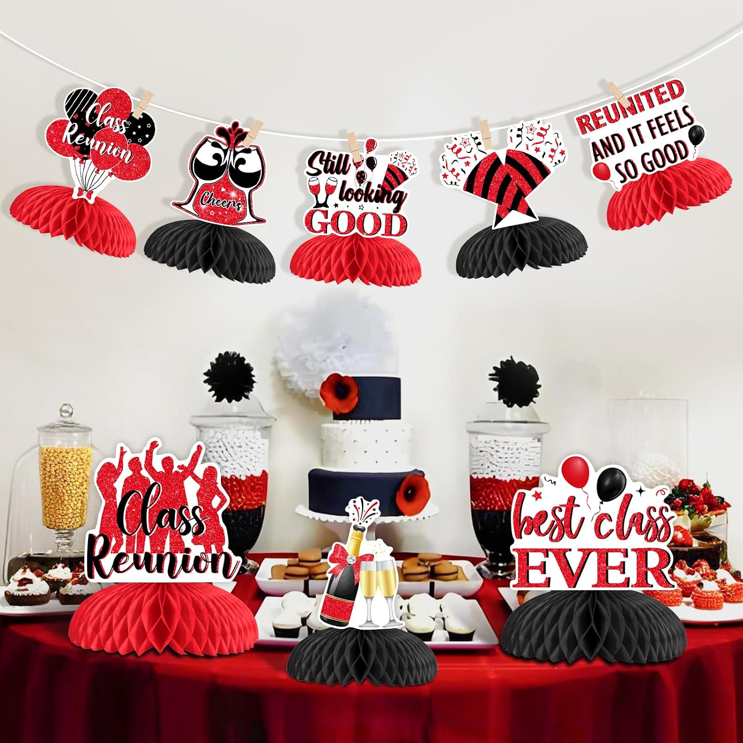 8Pcs Class Reunion Honeycomb Centerpieces Decorations Red Black- Best Class Ever Table Topper, Double Sided Welcome Back Table Decor for High School Reunion 20th 30th 40th 50th