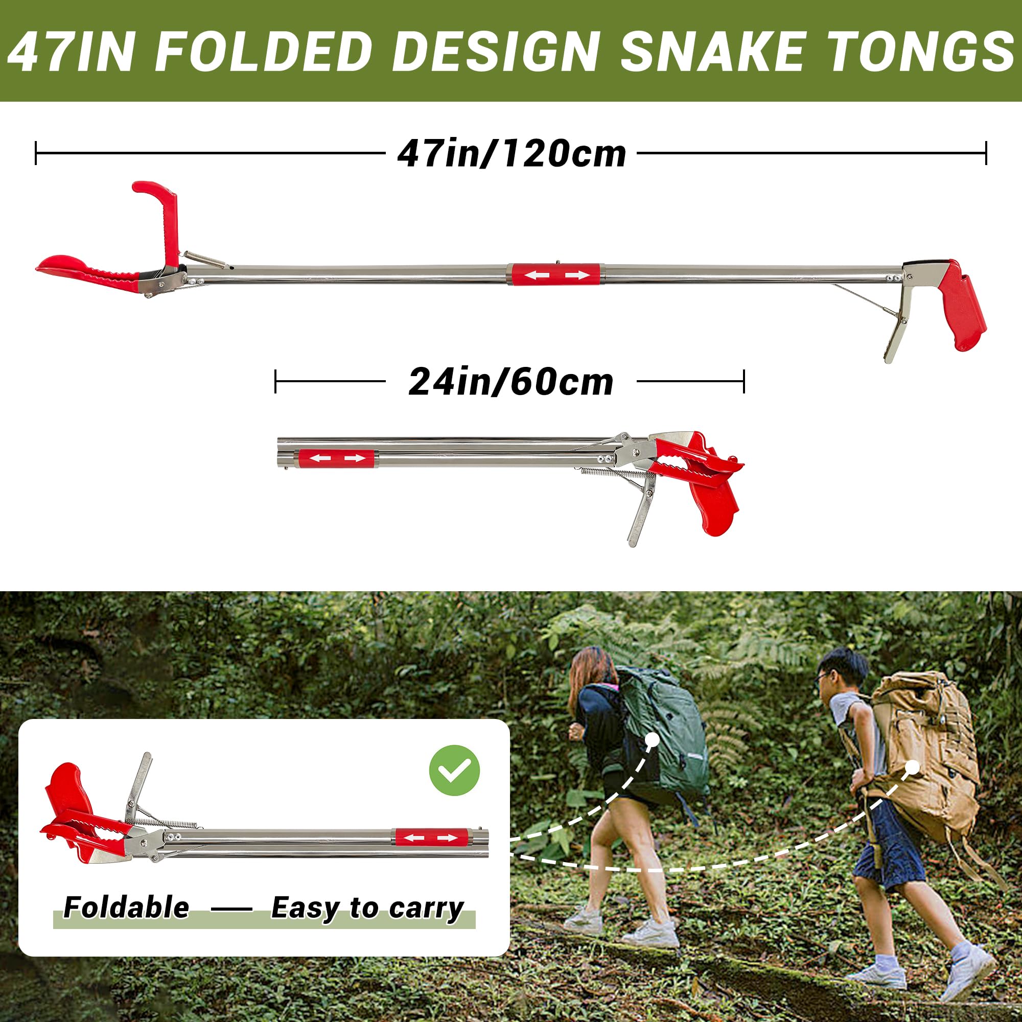 Pinzas profesionales para serpientes de 47 pulgadas, resistentes para reptiles, atrapasueños, herramienta de manejo de mandíbula ancha, herramienta de agarre plegable de acero inoxidable,