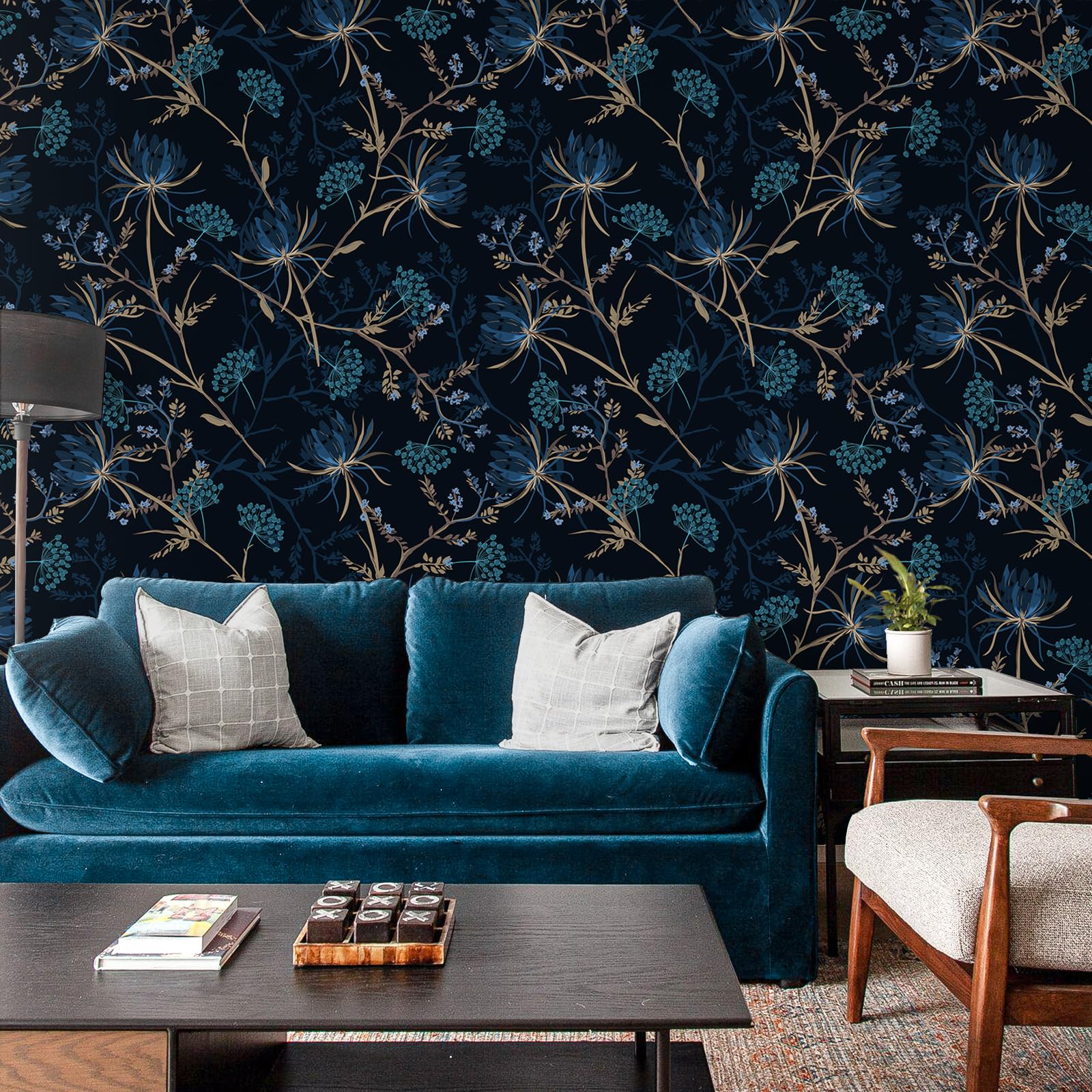 VEELIKE Papier Peint Fleuri Pissenlit Bleu 44,5 cm x 900 cm Papier Peint Adhesif Mural Chambre Floral Noir Rouleau Adhesif Decoratif Salle de Bain Rouleau Adhesif pour Meuble Salon Décoration Cuisine