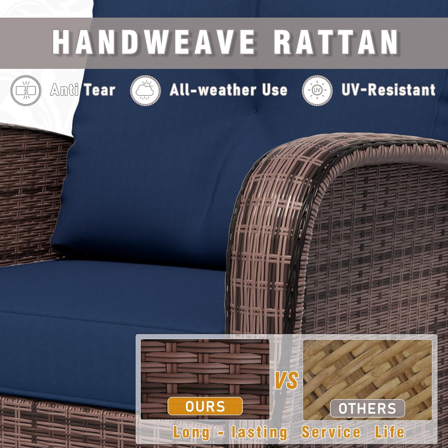 Patio 3-Seater Sofa, PE Wicker Outdoor Lounge with Thick Removable Cushions, Rust-Proof Steel Frame, 900LBS Capacity, Blue