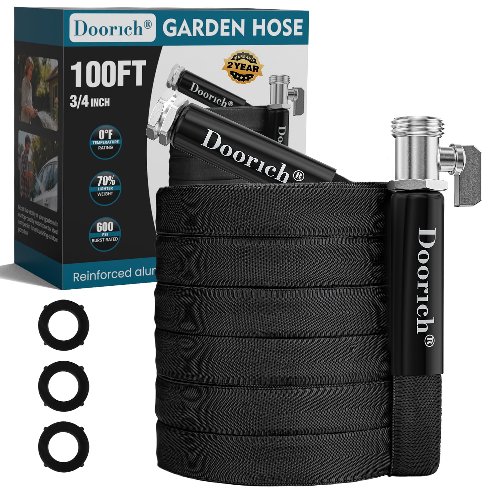 Photo 1 of Doorich Garden Hose, Lightweight, Ultra Flexible, Durable, Kink-Free Water Hose with Valve - Made of TPU, Drinking Water Safe Material, Non-Shrinking, Easy to Store, All-Weather, Black (100 FT)